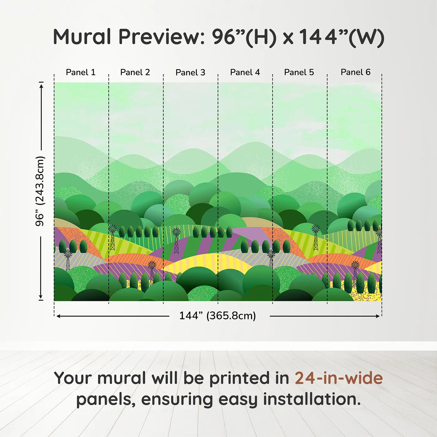 Whimsy Tots Rolling Hills Farm Wall Muraldimension view (96" H x 144" W). Printed in six 24-inch-wide panels. Gender-Neutral