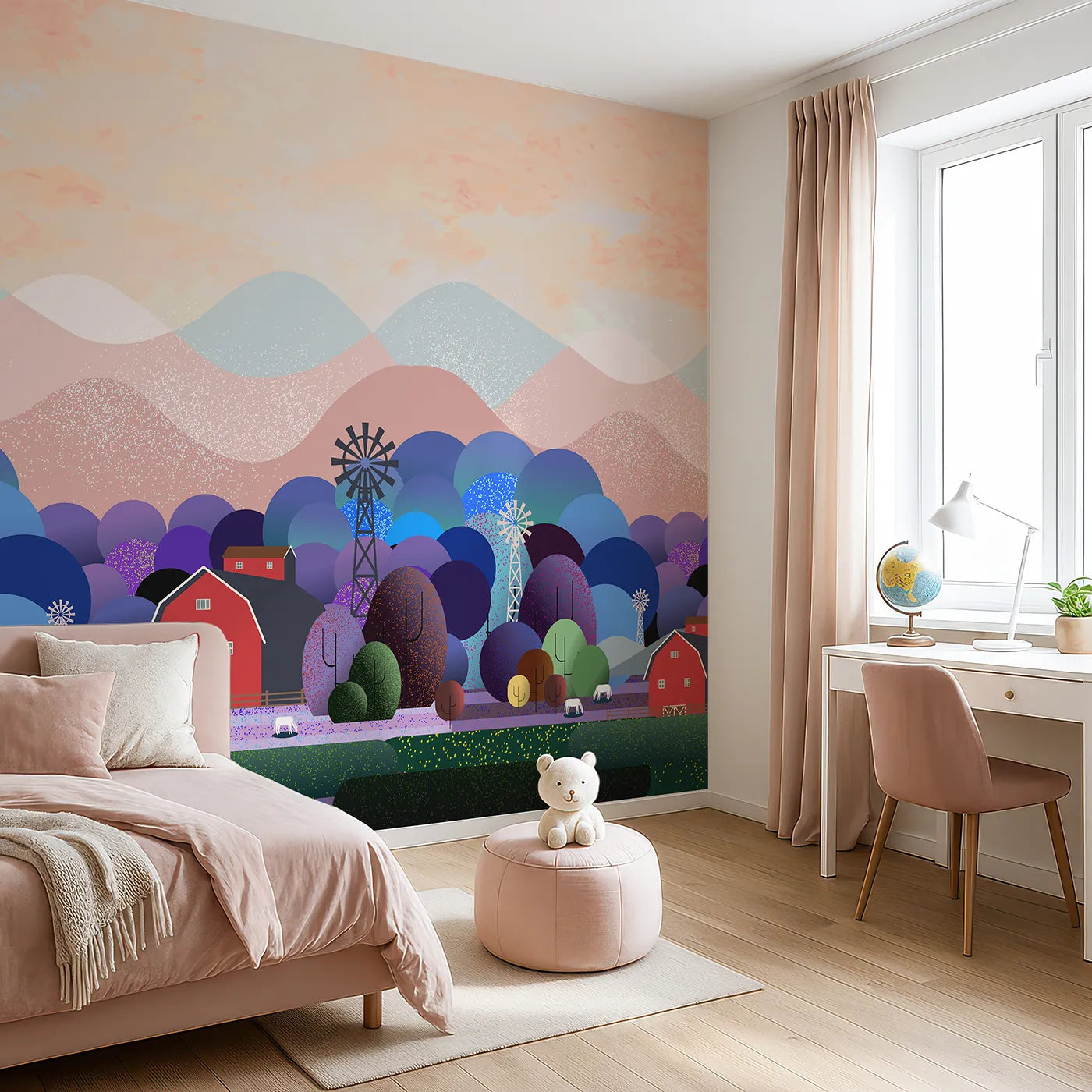 Angled view of Whimsy Tots' Nightfall Farm Wall Mural (Turn Their Room into a Magical, Moonlit Farmstead).Gender-Neutral