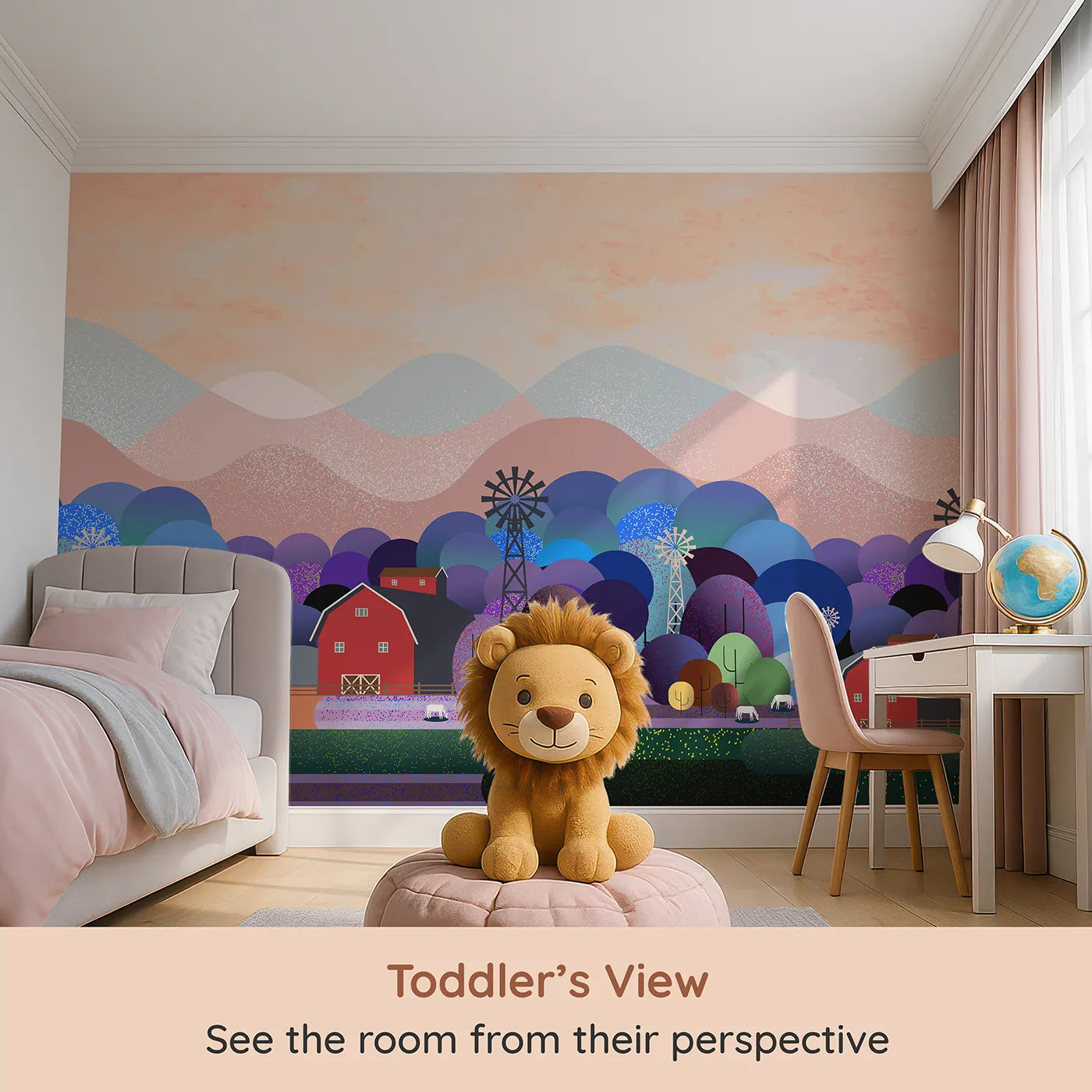 Whimsy Tots Nightfall Farm Wall Mural (Turn Their Room into a Magical, Moonlit Farmstead) from your child's view.Gender-Neutral