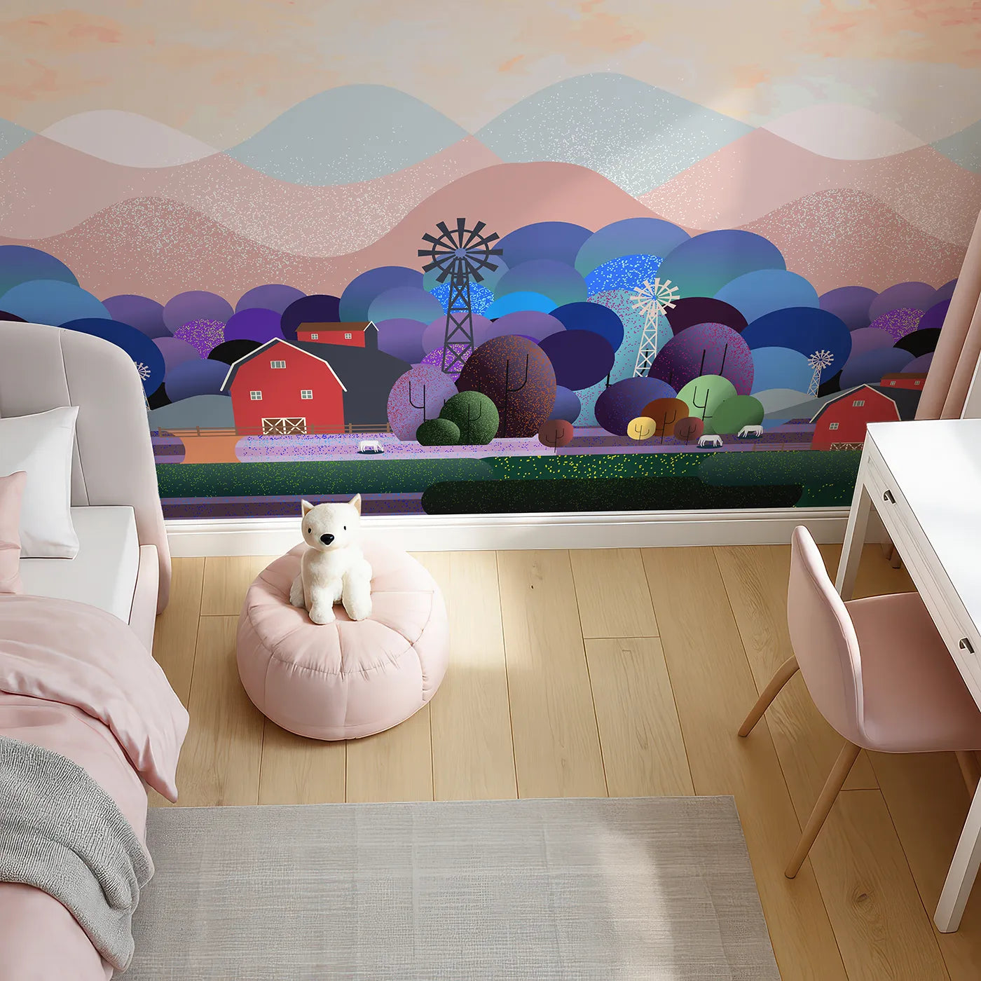 Top-down view of Whimsy Tots' Nightfall Farm Wall Mural (Turn Their Room into a Magical, Moonlit Farmstead).Gender-Neutral