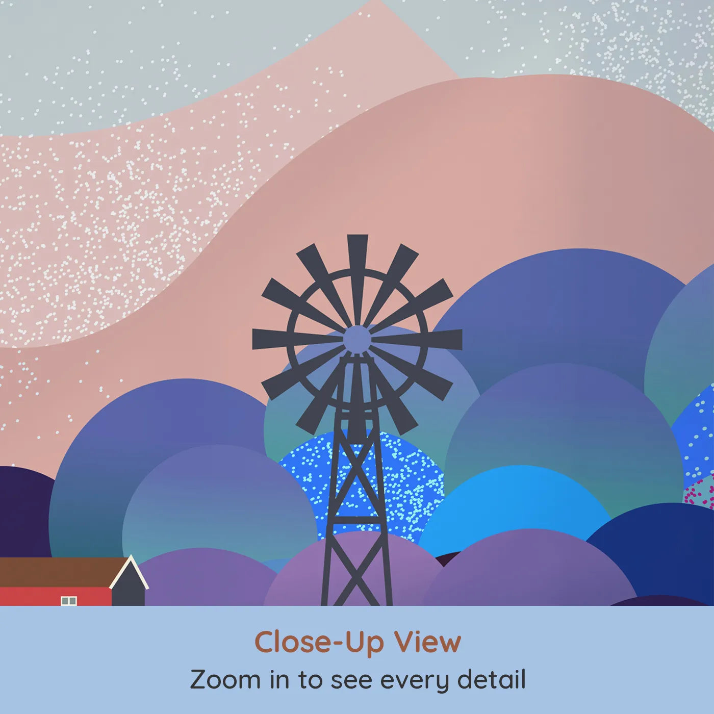 Close-up view of Whimsy Tots' Nightfall Farm Wall Mural (Turn Their Room into a Magical, Moonlit Farmstead).Gender-Neutral