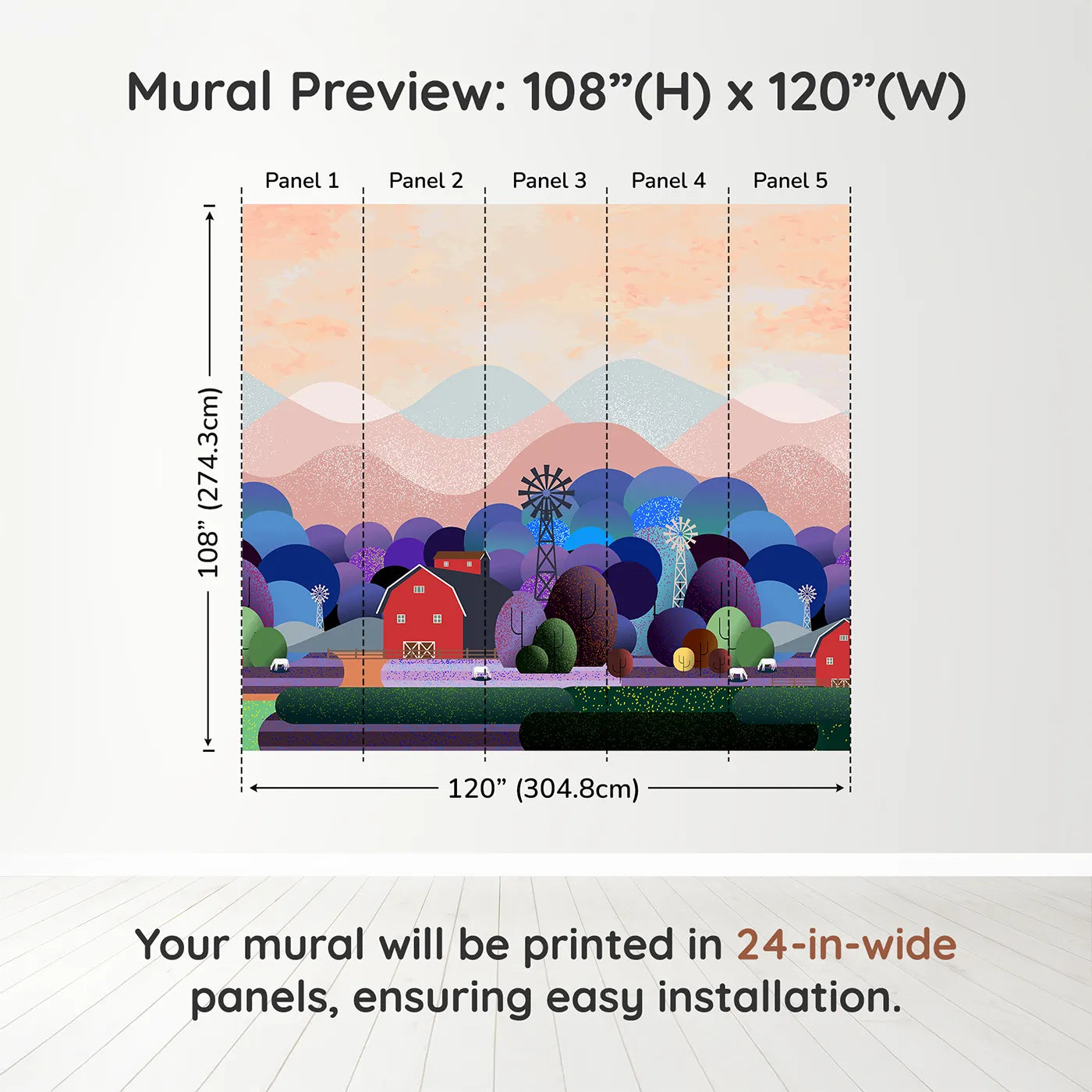 Whimsy Tots Nightfall Farm Wall Muraldimension view (108" H x 120" W). Printed in five 24-inch-wide panels. Gender-Neutral