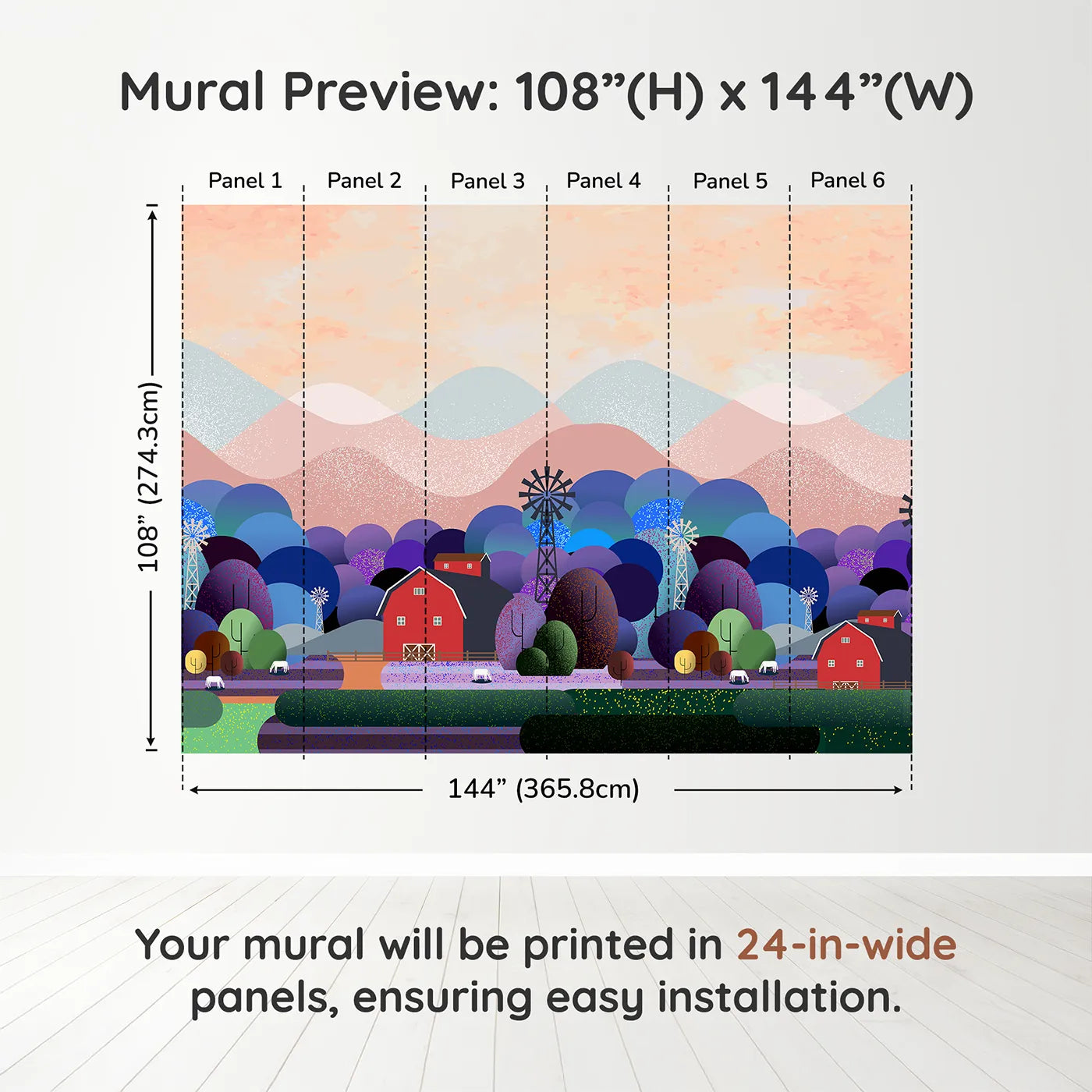 Whimsy Tots Nightfall Farm Wall Muraldimension view (108" H x 144" W). Printed in six 24-inch-wide panels. Gender-Neutral