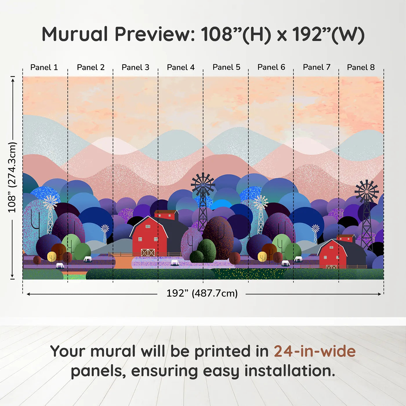 Whimsy Tots Nightfall Farm Wall Muraldimension view (108" H x 192" W). Printed in eight 24-inch-wide panels. Gender-Neutral