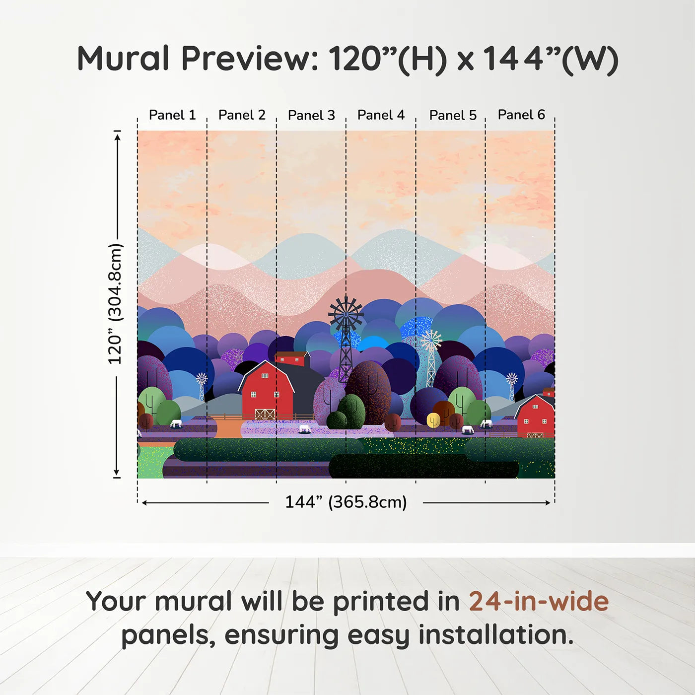 Whimsy Tots Nightfall Farm Wall Muraldimension view (120" H x 144" W). Printed in six 24-inch-wide panels. Gender-Neutral