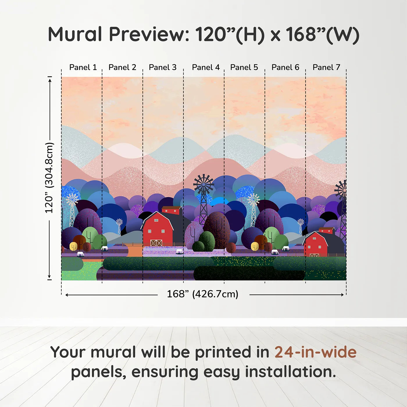 Whimsy Tots Nightfall Farm Wall Muraldimension view (120" H x 168" W). Printed in seven 24-inch-wide panels. Gender-Neutral