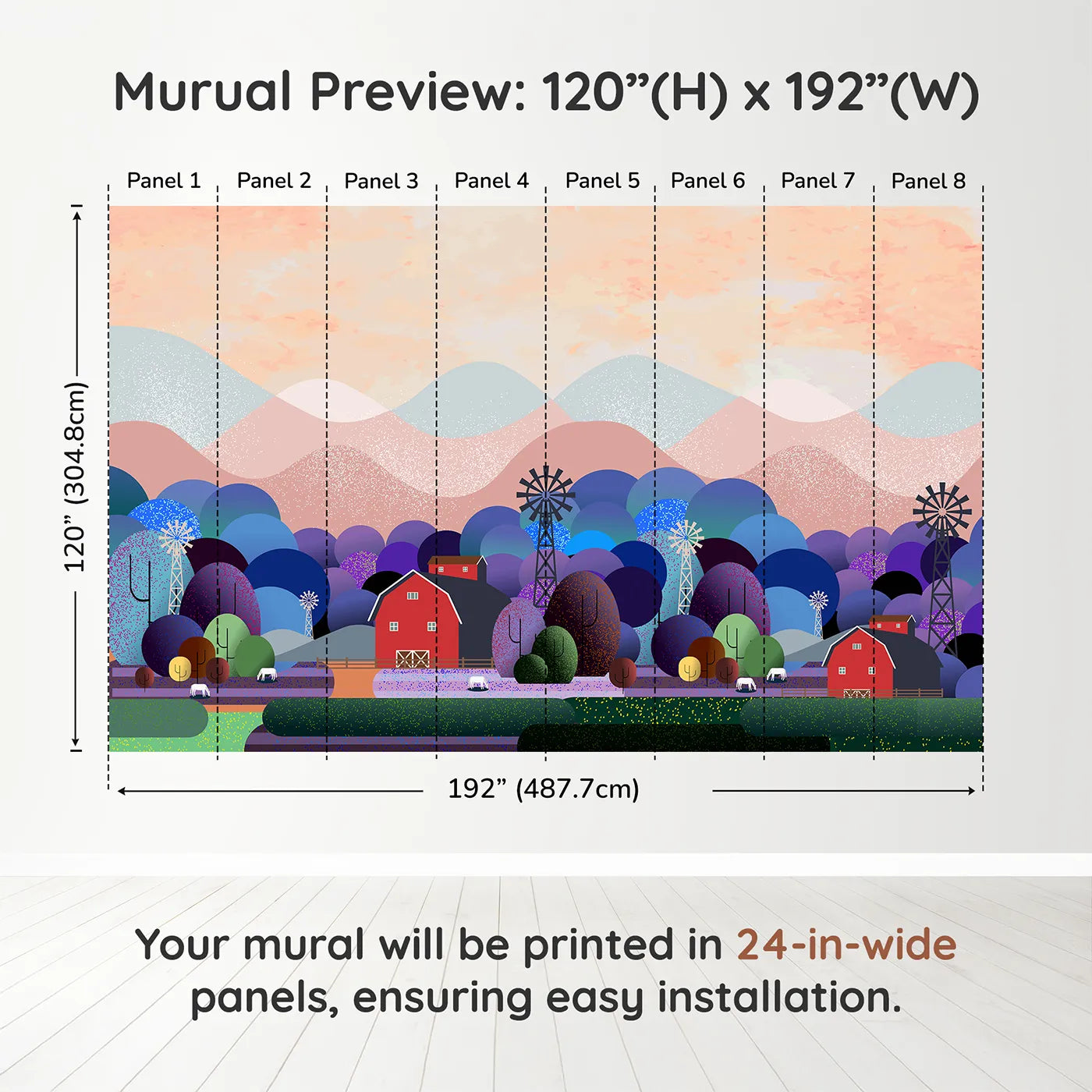 Whimsy Tots Nightfall Farm Wall Muraldimension view (120" H x 192" W). Printed in eight 24-inch-wide panels. Gender-Neutral