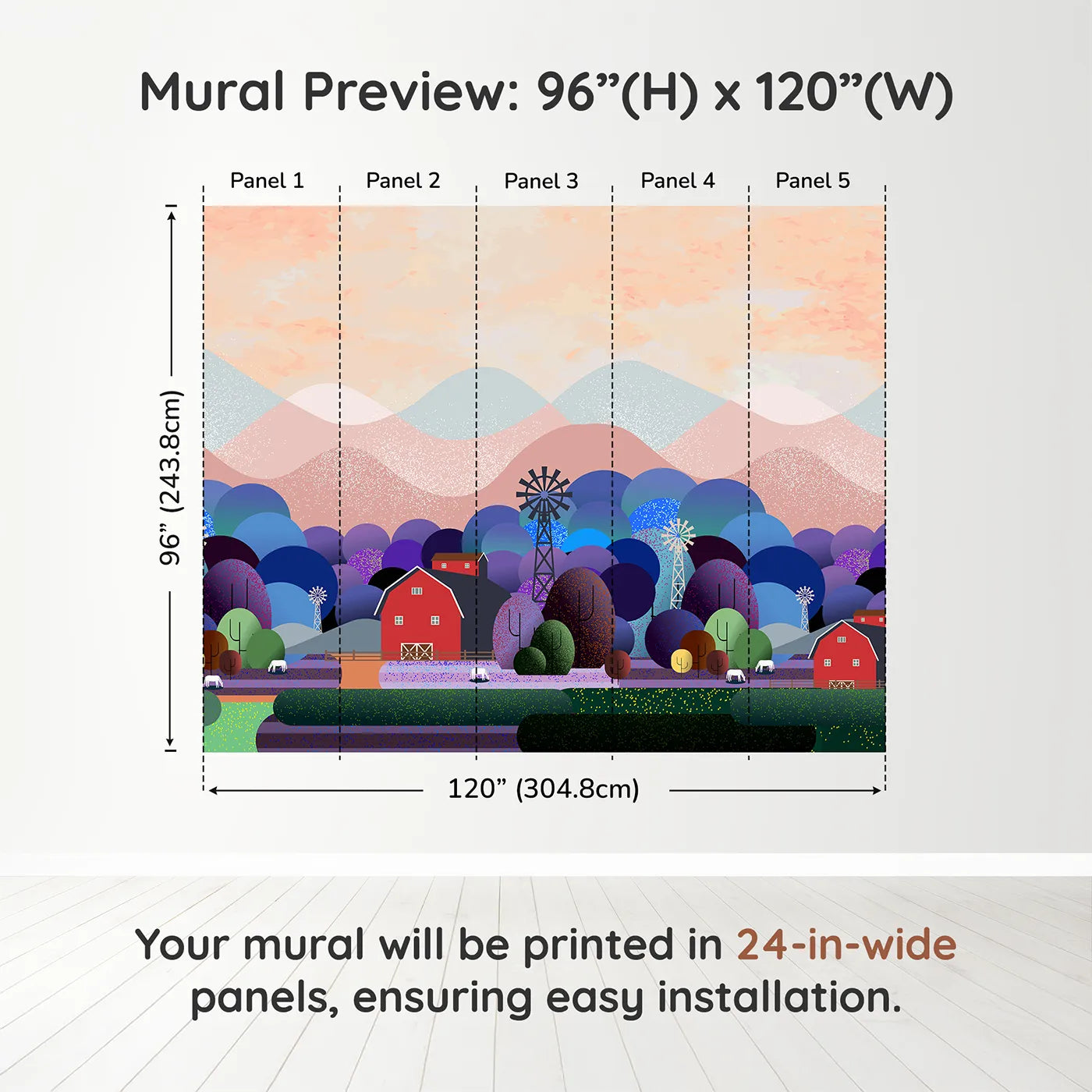 Whimsy Tots Nightfall Farm Wall Muraldimension view (96" H x 120" W). Printed in five 24-inch-wide panels. Gender-Neutral