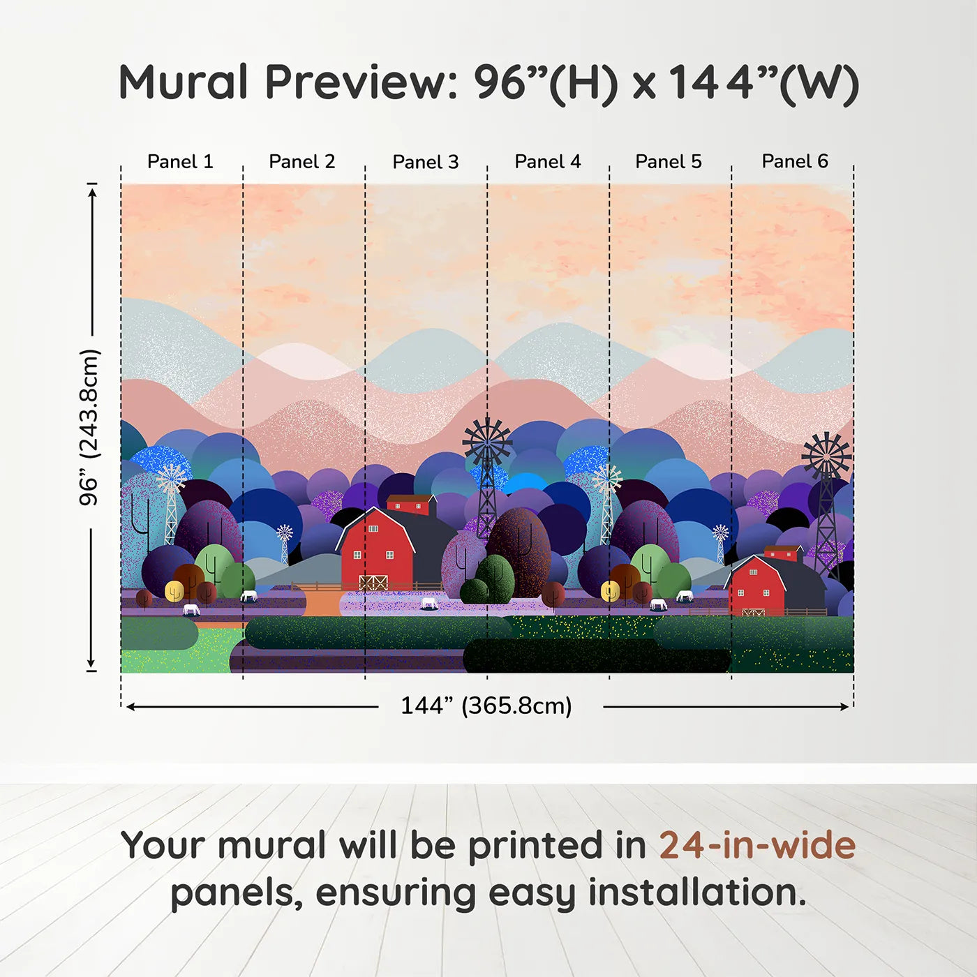 Whimsy Tots Nightfall Farm Wall Muraldimension view (96" H x 144" W). Printed in six 24-inch-wide panels. Gender-Neutral