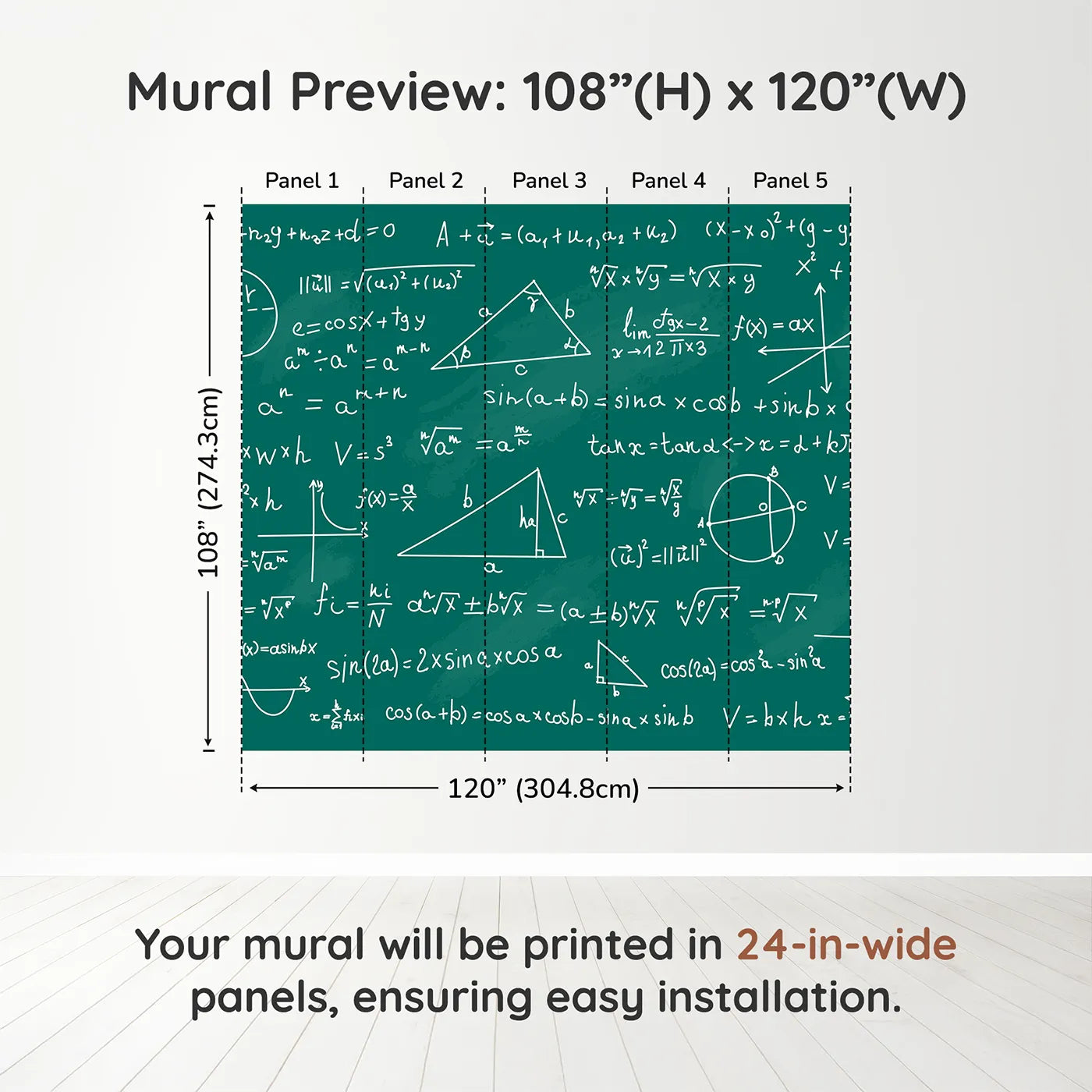 Whimsy Tots Math Equations Chalkboard Wall Muraldimension view (108" H x 120" W). Printed in five 24-inch-wide panels. Gender-Neutral