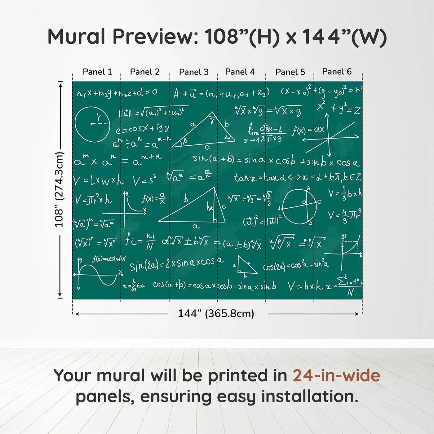 Whimsy Tots Math Equations Chalkboard Wall Muraldimension view (108" H x 144" W). Printed in six 24-inch-wide panels. Gender-Neutral