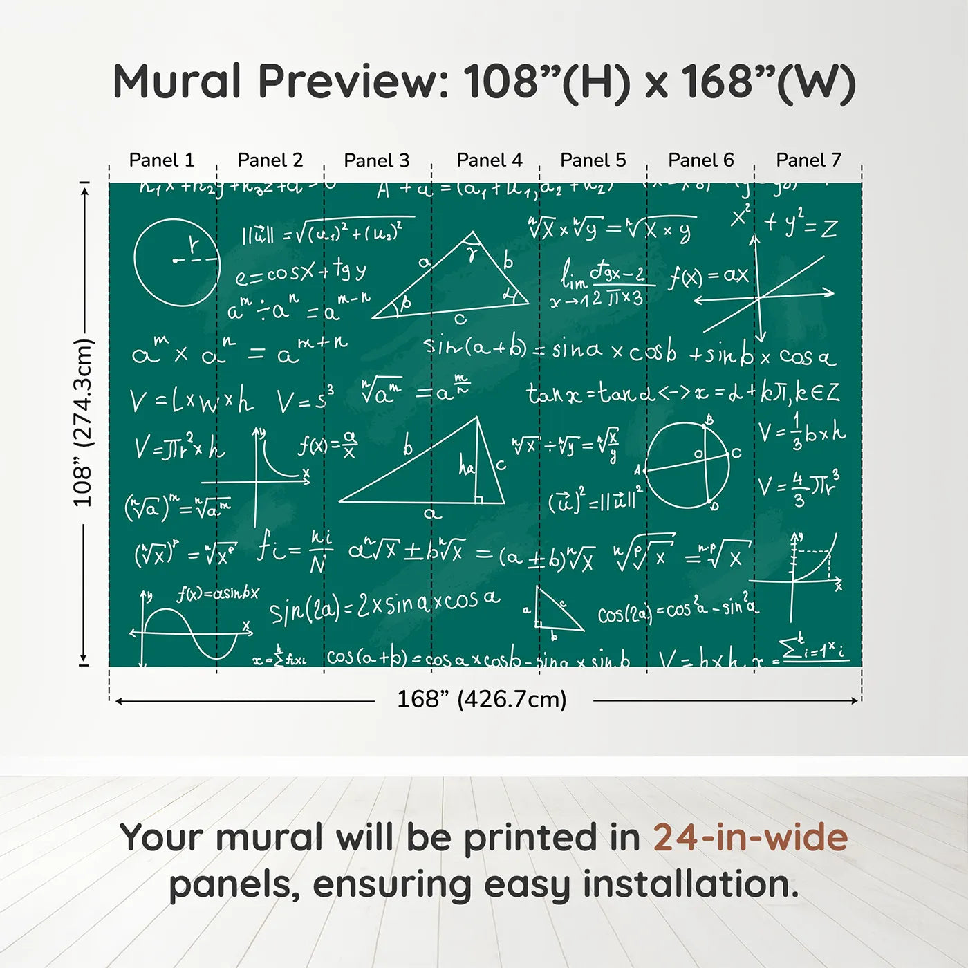 Whimsy Tots Math Equations Chalkboard Wall Muraldimension view (108" H x 168" W). Printed in seven 24-inch-wide panels. Gender-Neutral