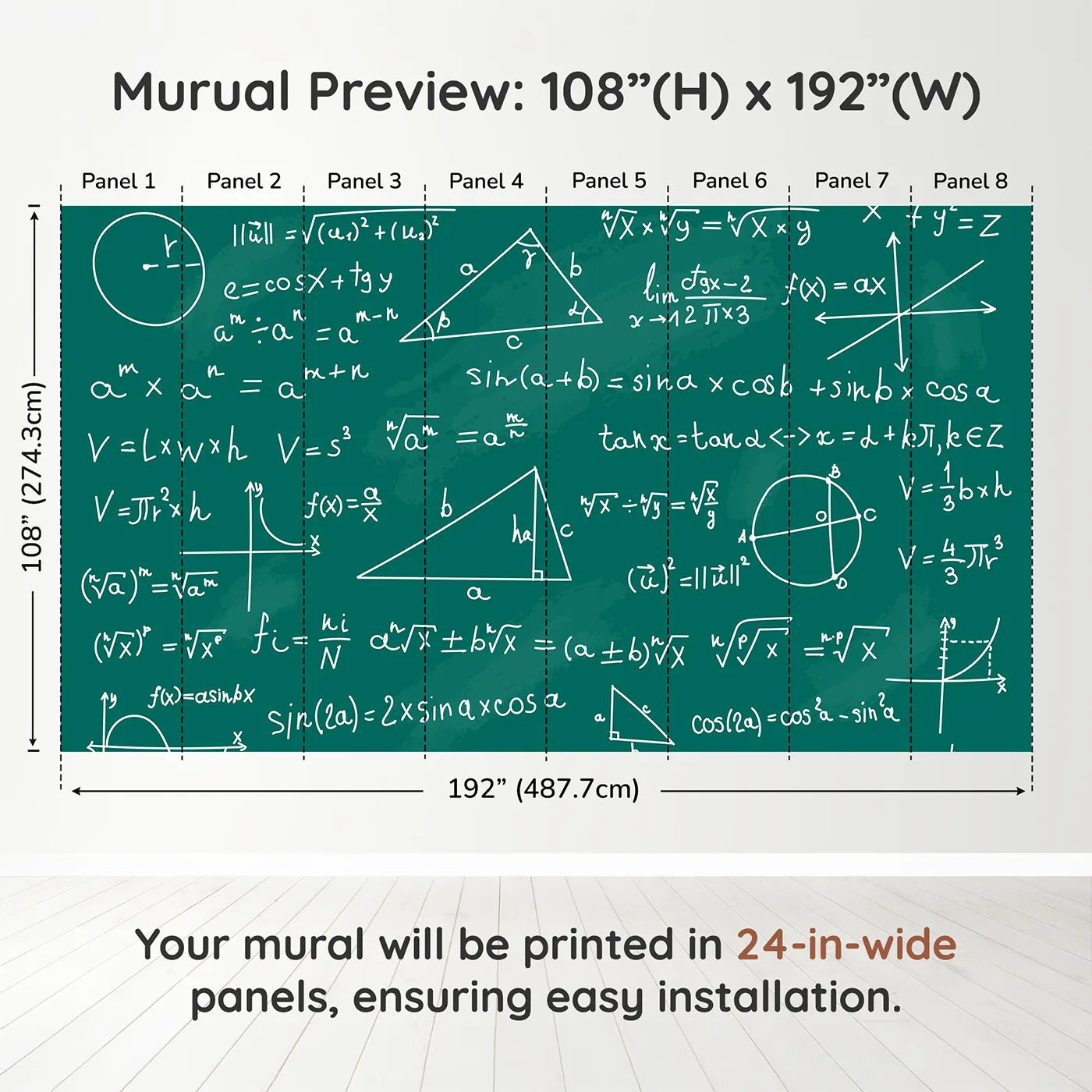Whimsy Tots Math Equations Chalkboard Wall Muraldimension view (108" H x 192" W). Printed in eight 24-inch-wide panels. Gender-Neutral