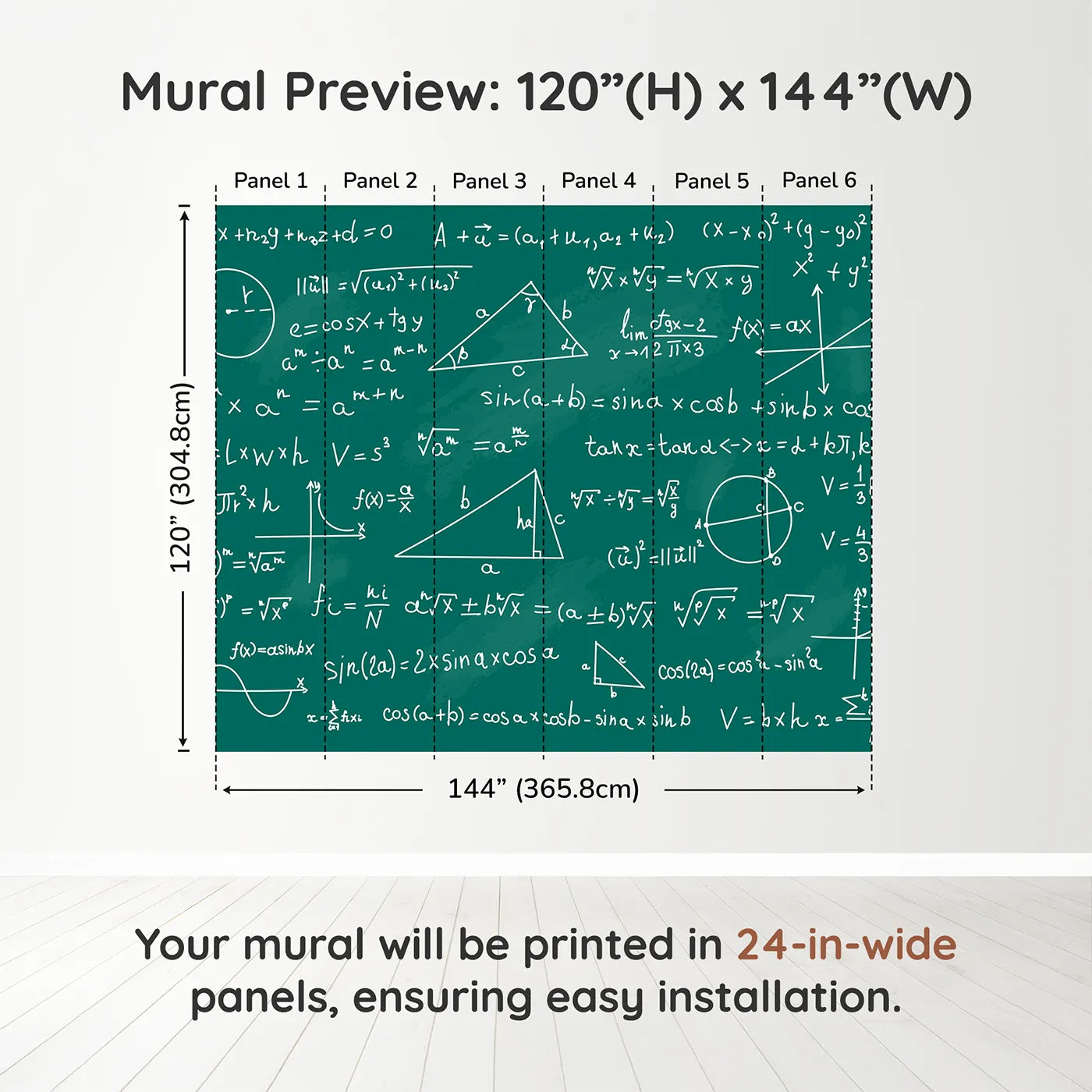 Whimsy Tots Math Equations Chalkboard Wall Muraldimension view (120" H x 144" W). Printed in six 24-inch-wide panels. Gender-Neutral