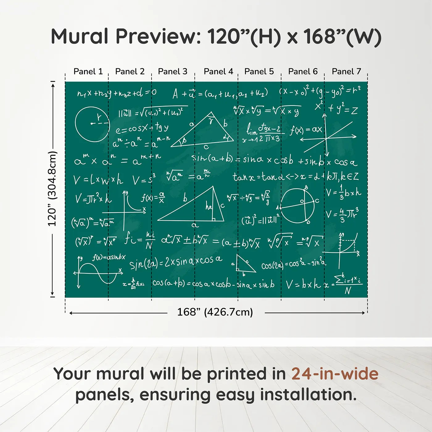 Whimsy Tots Math Equations Chalkboard Wall Muraldimension view (120" H x 168" W). Printed in seven 24-inch-wide panels. Gender-Neutral