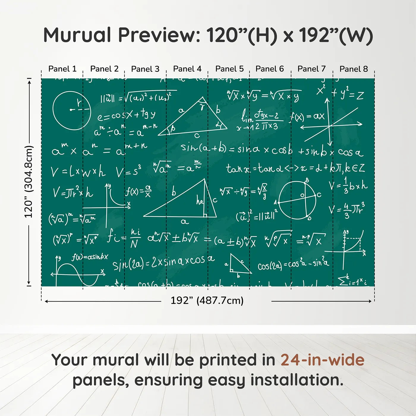 Whimsy Tots Math Equations Chalkboard Wall Muraldimension view (120" H x 192" W). Printed in eight 24-inch-wide panels. Gender-Neutral