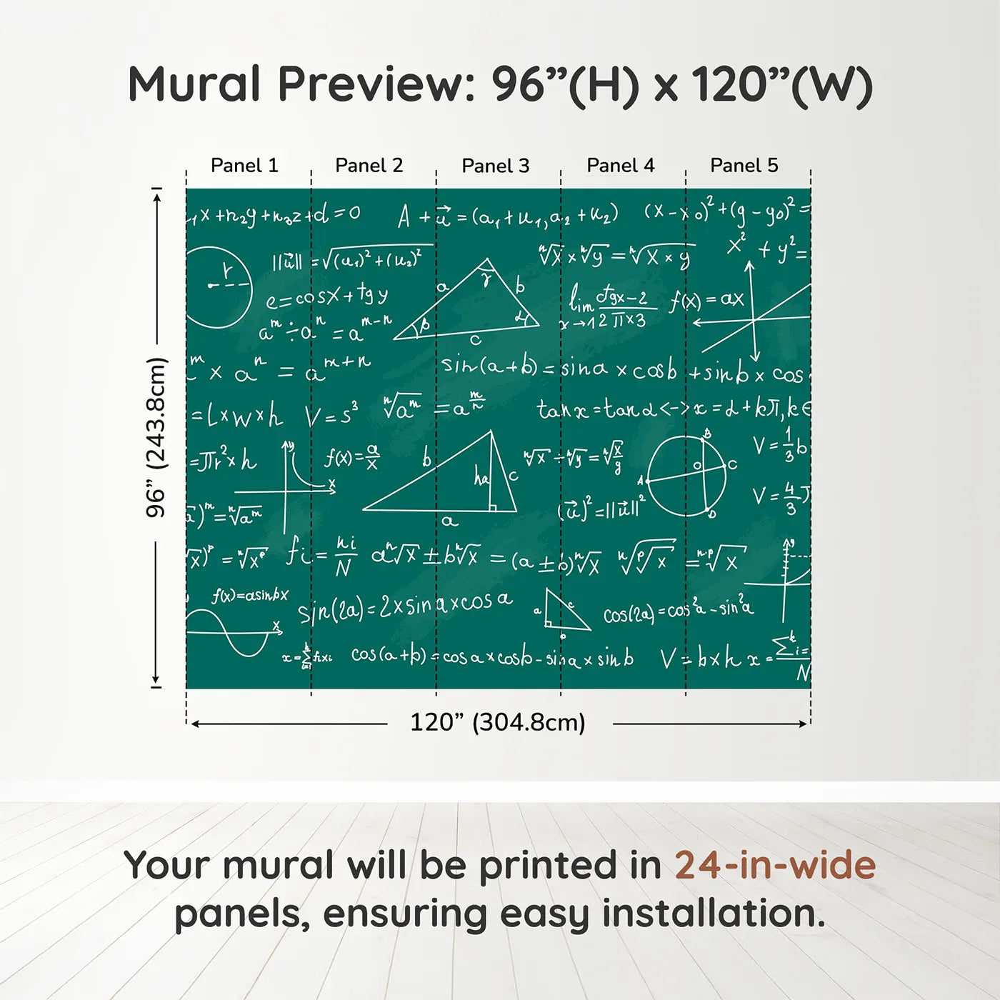 Whimsy Tots Math Equations Chalkboard Wall Muraldimension view (96" H x 120" W). Printed in five 24-inch-wide panels. Gender-Neutral