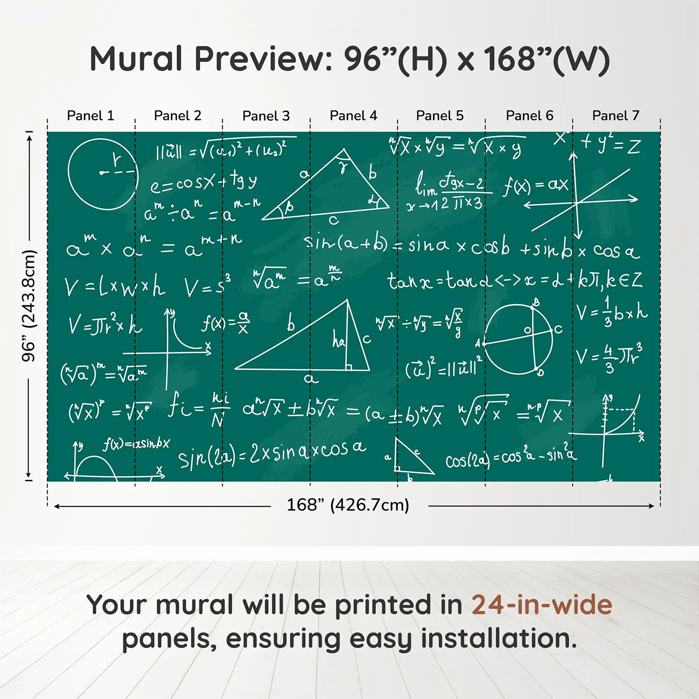 Whimsy Tots Math Equations Chalkboard Wall Muraldimension view (96" H x 168" W). Printed in seven 24-inch-wide panels. Gender-Neutral