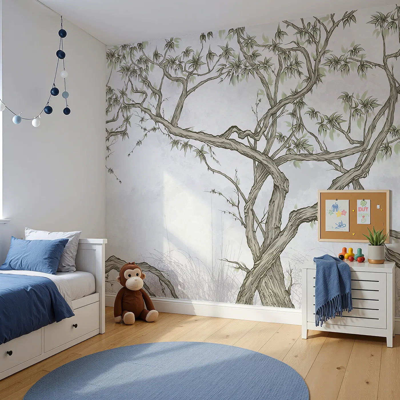 Angled view of Whimsy Tots' Gnarled Tree Grove Wall Mural in Green (Turn Their Room into an Ancient, Mystical Forest).Gender-Neutral