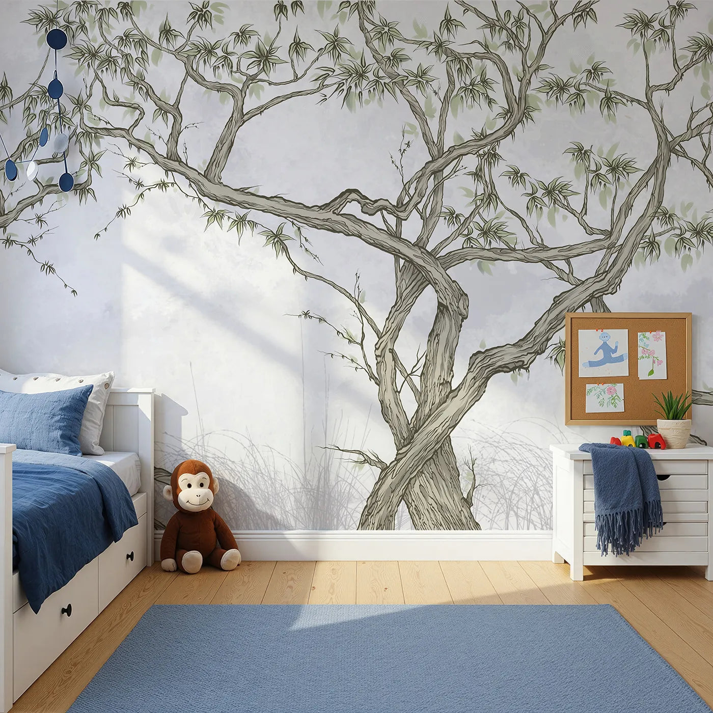Front view of Whimsy Tots' Gnarled Tree Grove Wall Mural in Green