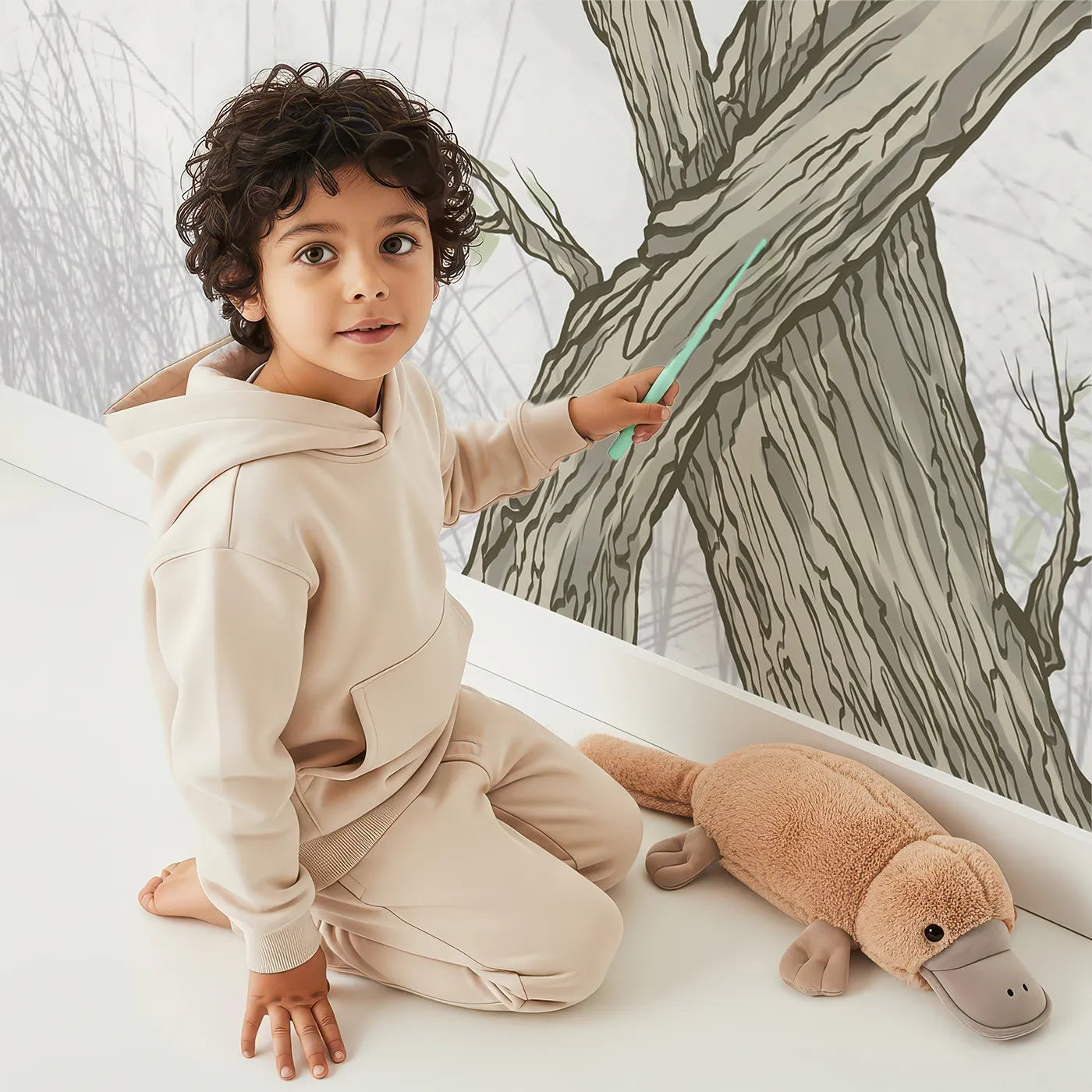 Child in front of Whimsy Tots Gnarled Tree Grove Wall Mural in Green with tree, branch, forest, nature, sketch, green, woods, ancient in design.