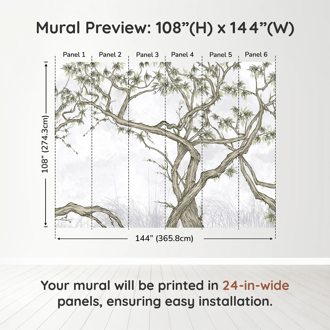 Whimsy Tots Gnarled Tree Grove Wall Mural in Greendimension view (108" H x 144" W). Printed in six 24-inch-wide panels. Gender-Neutral