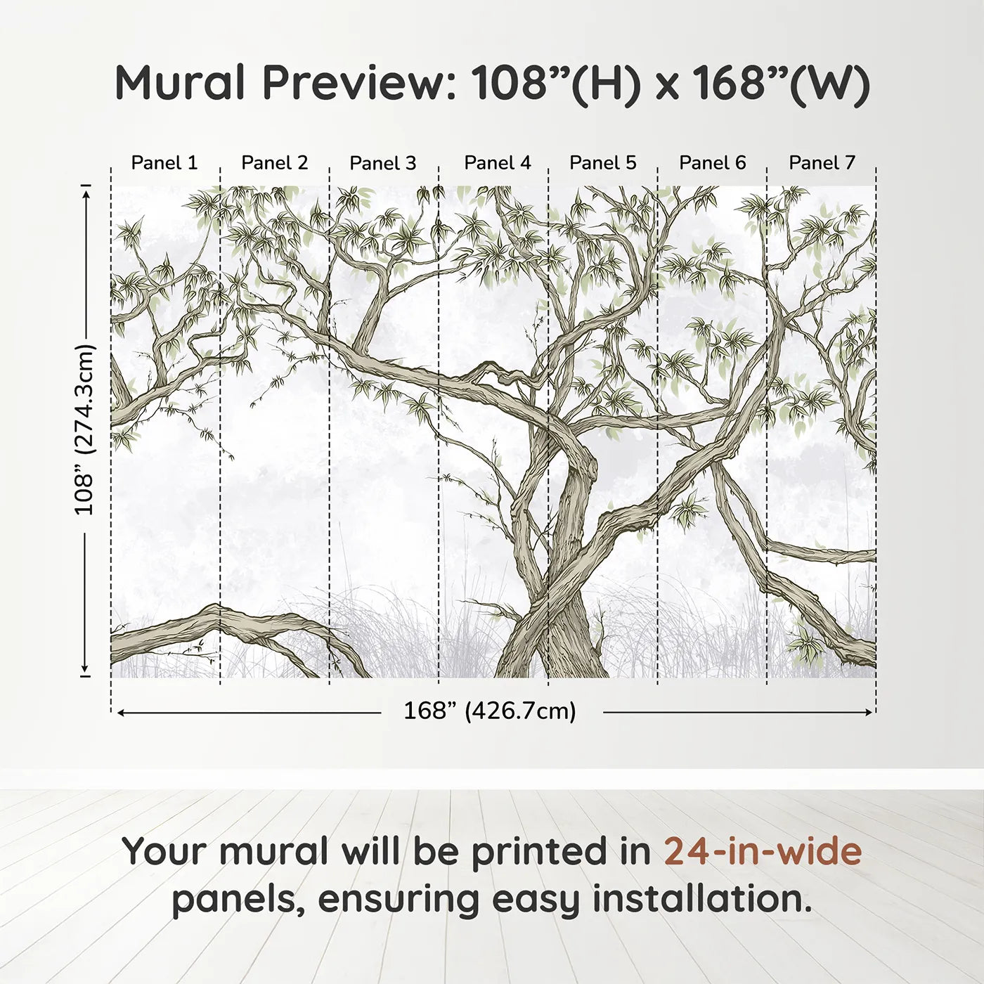 Whimsy Tots Gnarled Tree Grove Wall Mural in Greendimension view (108" H x 168" W). Printed in seven 24-inch-wide panels. Gender-Neutral