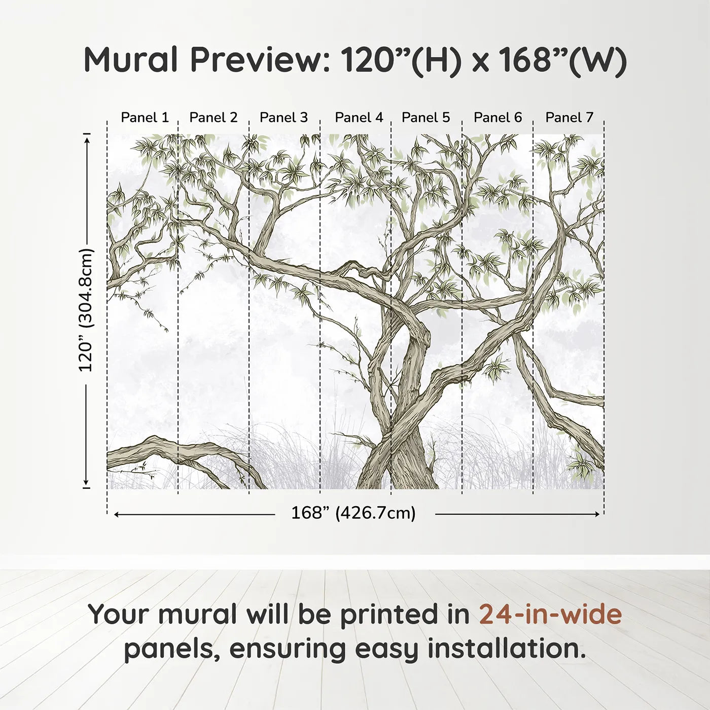 Whimsy Tots Gnarled Tree Grove Wall Mural in Greendimension view (120" H x 168" W). Printed in seven 24-inch-wide panels. Gender-Neutral