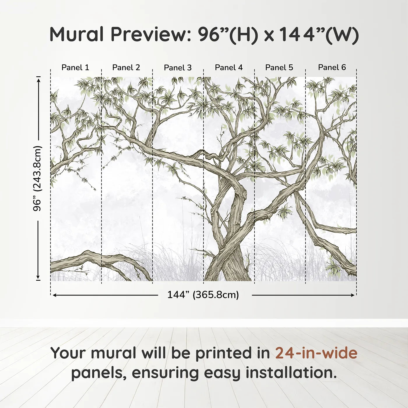 Whimsy Tots Gnarled Tree Grove Wall Mural in Greendimension view (96" H x 144" W). Printed in six 24-inch-wide panels. Gender-Neutral