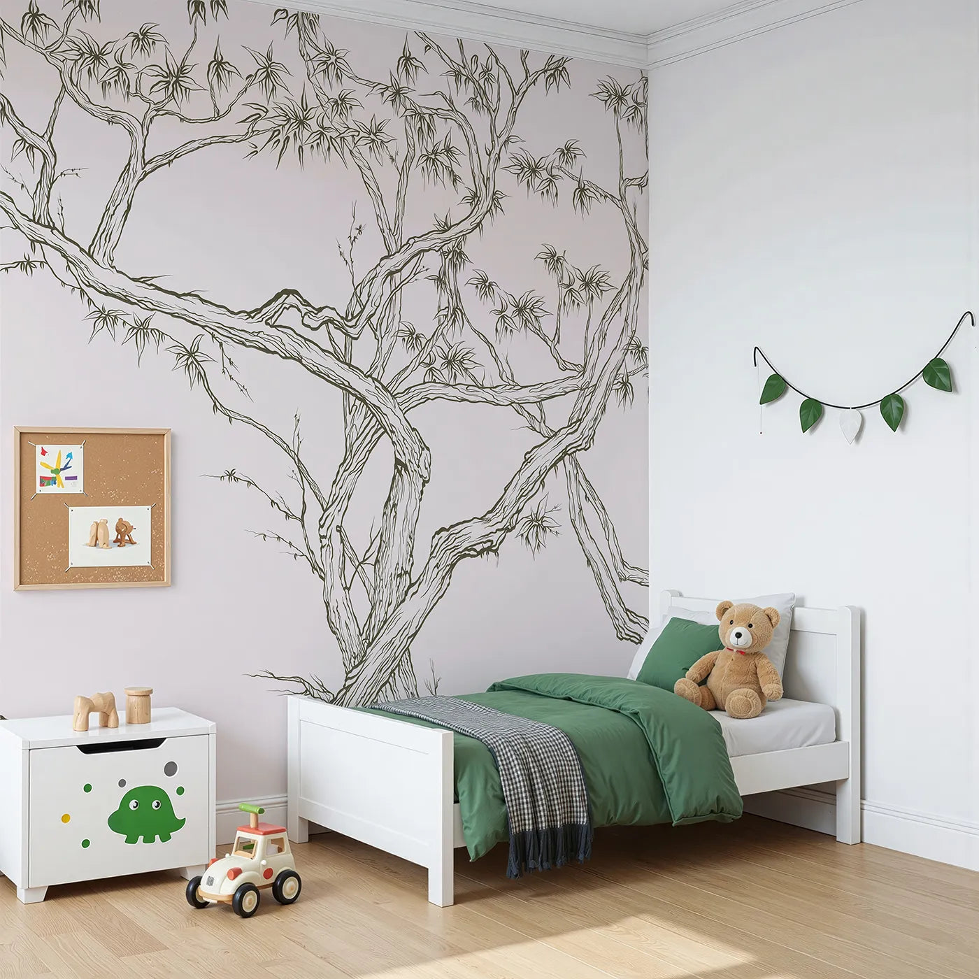 Angled view of Whimsy Tots' Gnarled Tree Grove Wall Mural in Beige (Turn Their Room into an Artistic, Natural Sanctuary).Gender-Neutral
