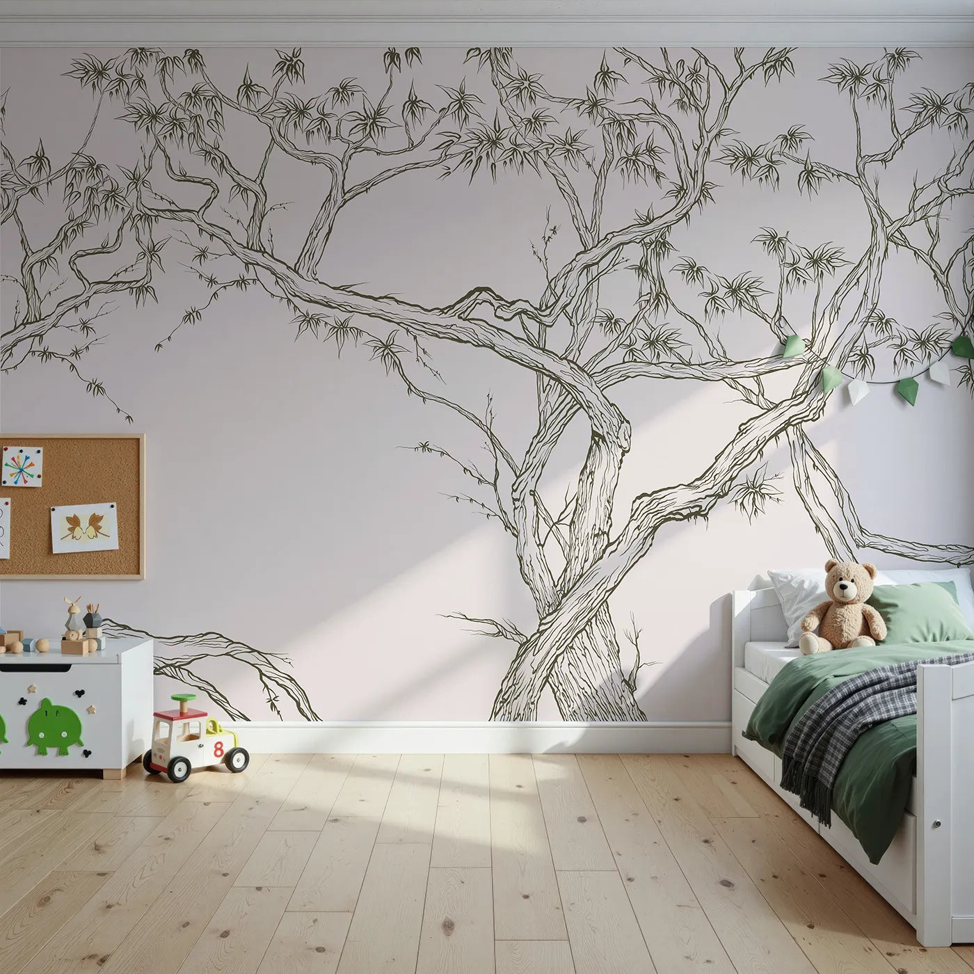 Front view of Whimsy Tots' Gnarled Tree Grove Wall Mural in Beige