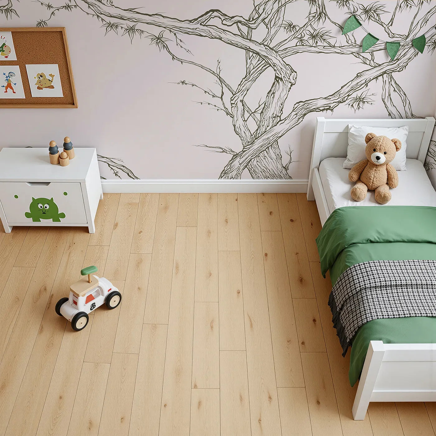 Top-down view of Whimsy Tots' Gnarled Tree Grove Wall Mural in Beige (Turn Their Room into an Artistic, Natural Sanctuary).Gender-Neutral