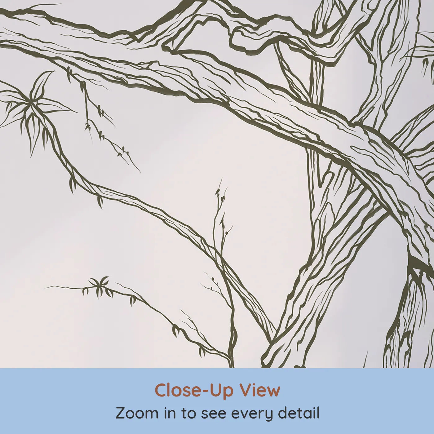 Close-up view of Whimsy Tots' Gnarled Tree Grove Wall Mural in Beige (Turn Their Room into an Artistic, Natural Sanctuary).Gender-Neutral