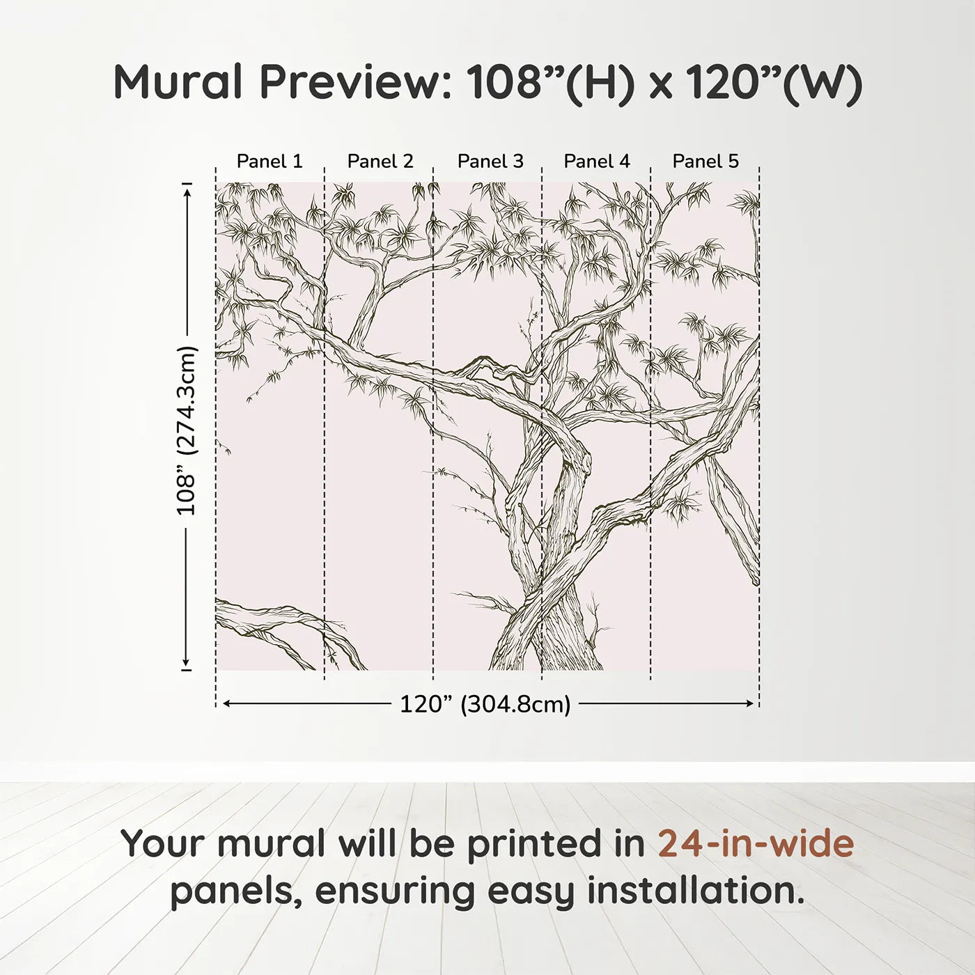 Whimsy Tots Gnarled Tree Grove Wall Mural in Beigedimension view (108" H x 120" W). Printed in five 24-inch-wide panels. Gender-Neutral