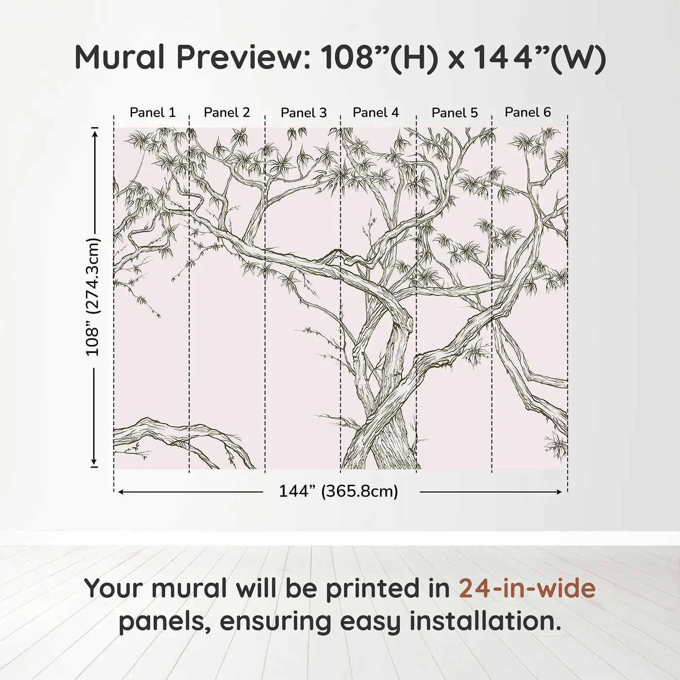 Whimsy Tots Gnarled Tree Grove Wall Mural in Beigedimension view (108" H x 144" W). Printed in six 24-inch-wide panels. Gender-Neutral