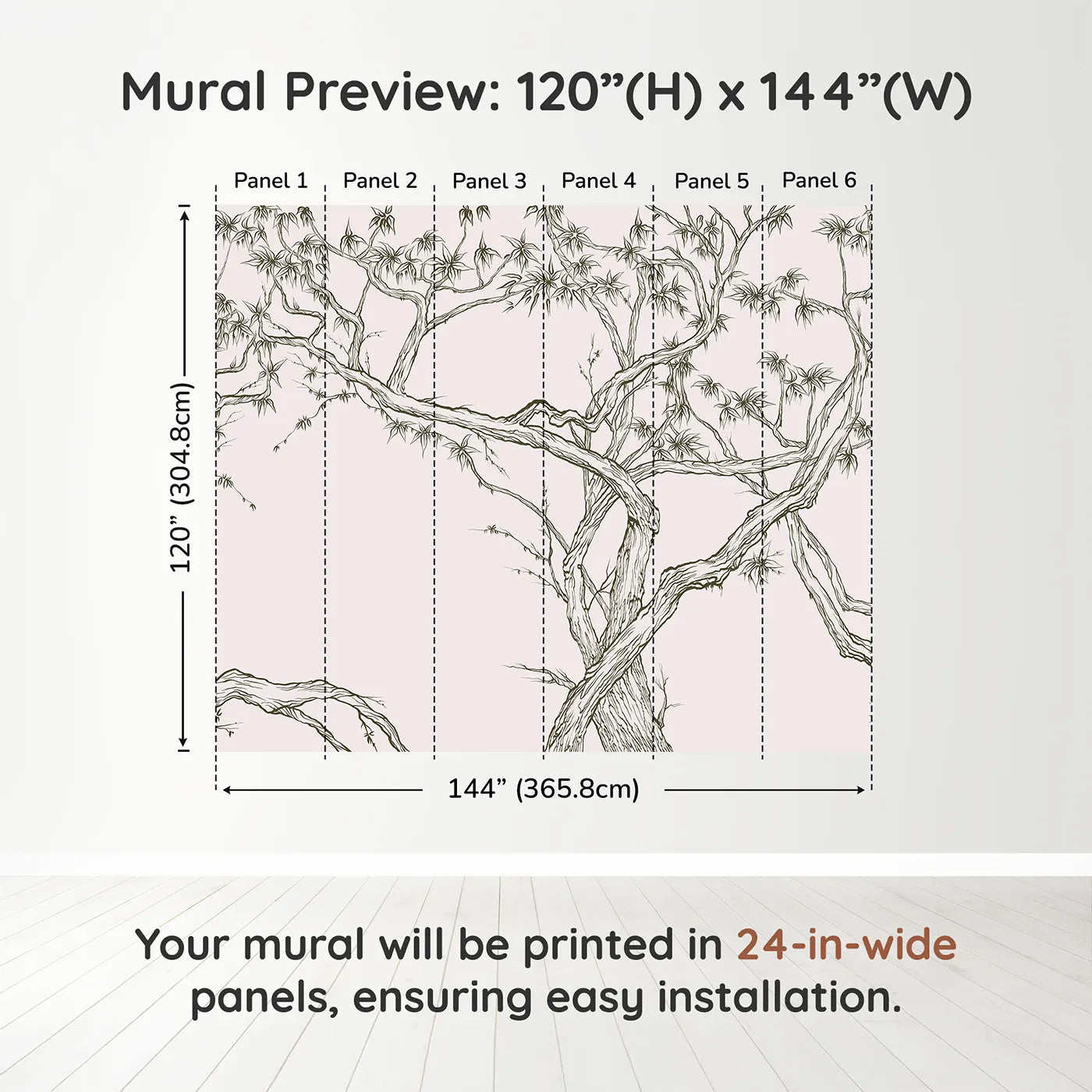 Whimsy Tots Gnarled Tree Grove Wall Mural in Beigedimension view (120" H x 144" W). Printed in six 24-inch-wide panels. Gender-Neutral