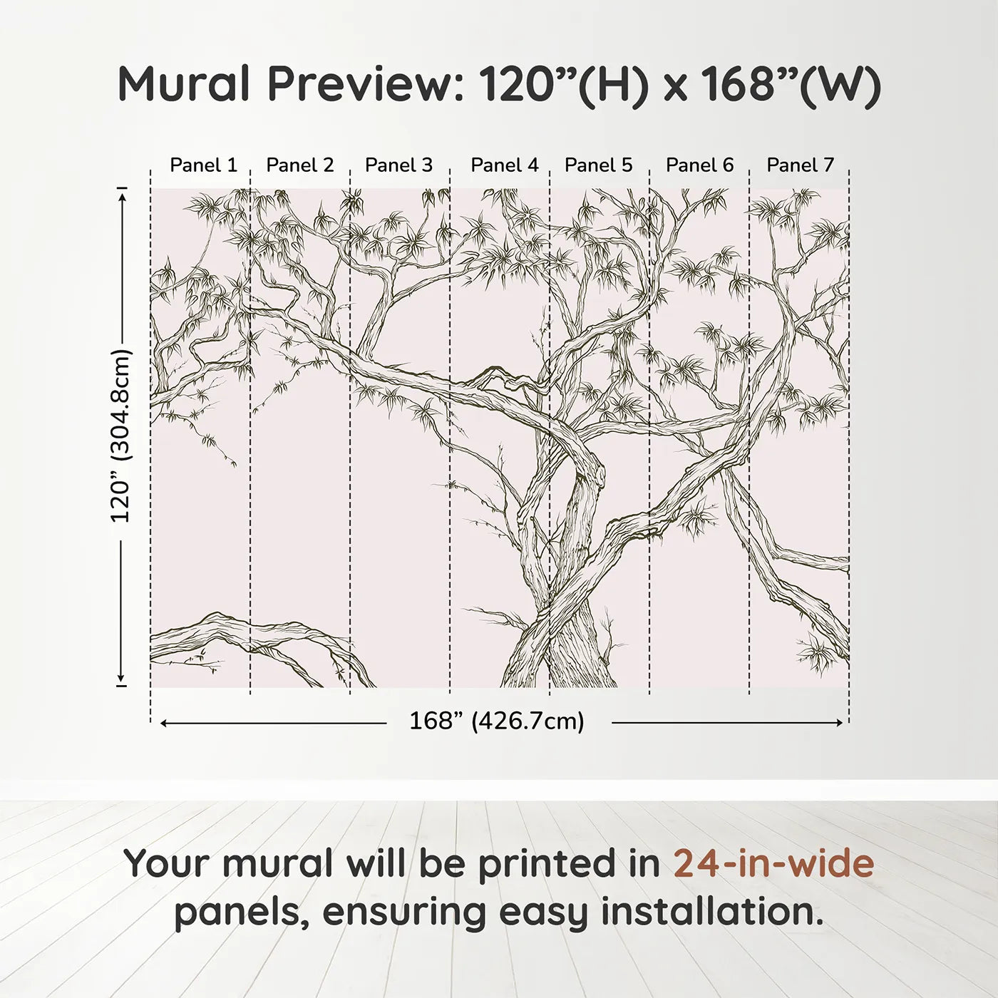 Whimsy Tots Gnarled Tree Grove Wall Mural in Beigedimension view (120" H x 168" W). Printed in seven 24-inch-wide panels. Gender-Neutral