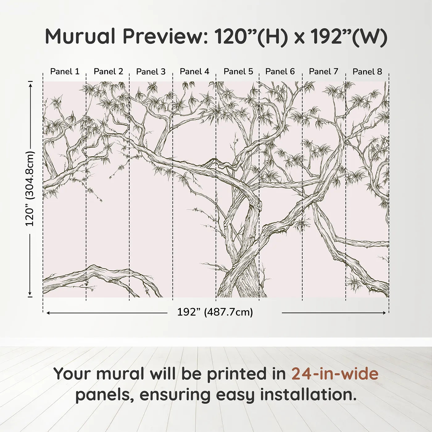 Whimsy Tots Gnarled Tree Grove Wall Mural in Beigedimension view (120" H x 192" W). Printed in eight 24-inch-wide panels. Gender-Neutral