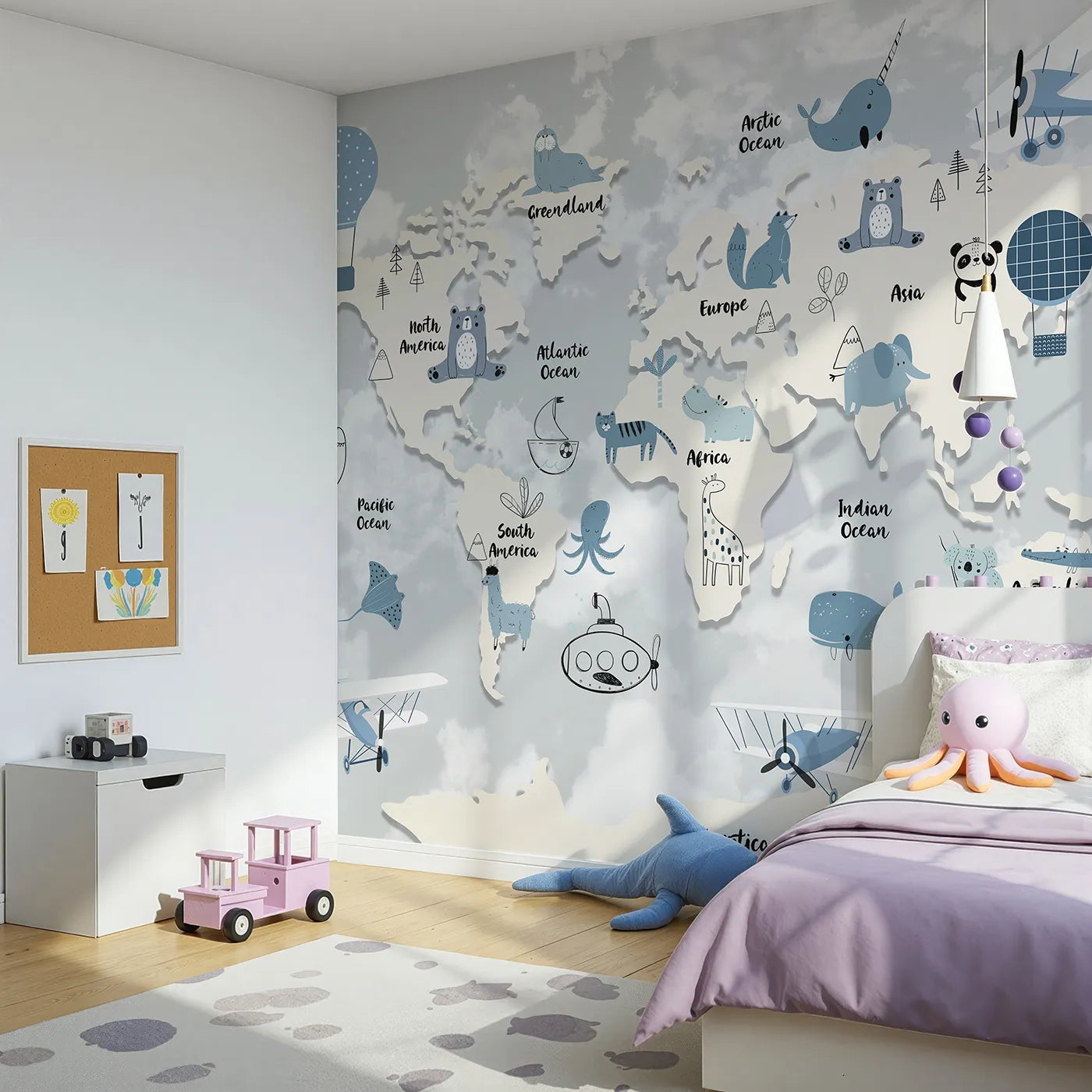 Angled view of Whimsy Tots' Blue Animal World Map Wall Mural (Turn Their Room into a Gentle Global Adventure).Gender-Neutral