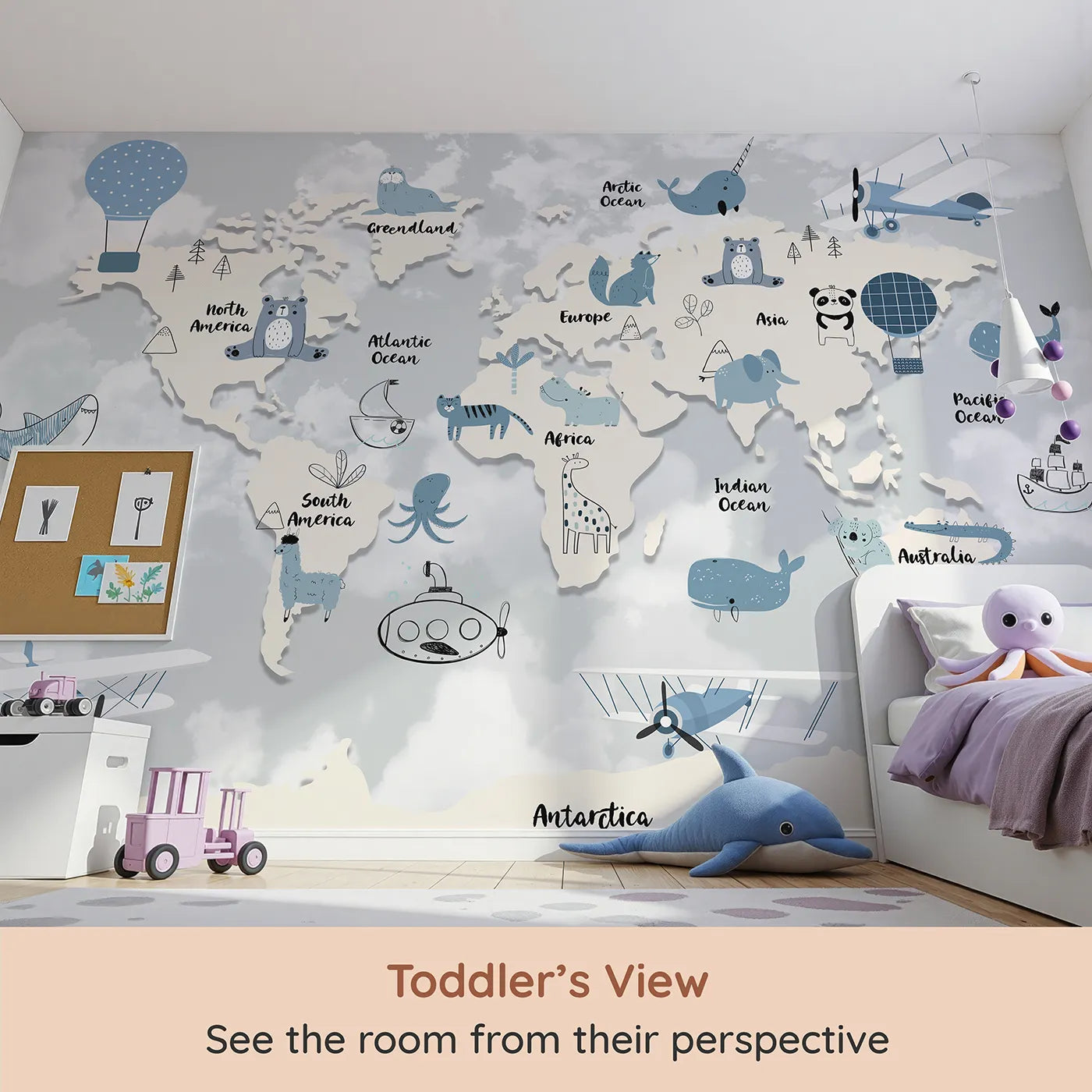 Whimsy Tots Blue Animal World Map Wall Mural (Turn Their Room into a Gentle Global Adventure) from your child's view.Gender-Neutral