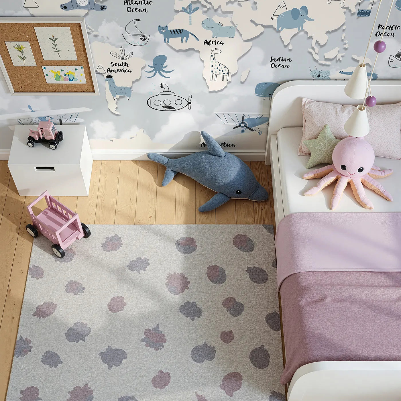 Top-down view of Whimsy Tots' Blue Animal World Map Wall Mural (Turn Their Room into a Gentle Global Adventure).Gender-Neutral
