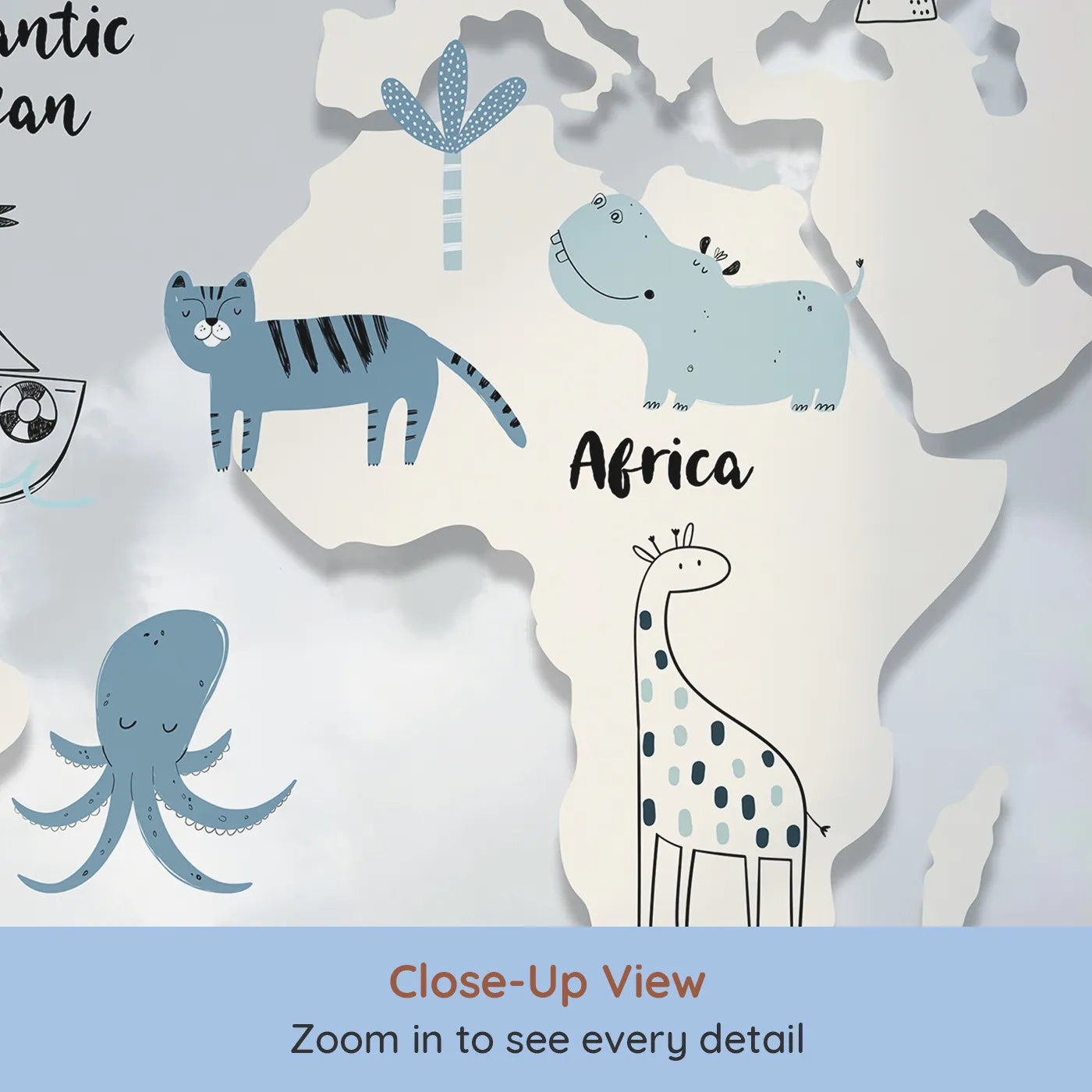 Close-up view of Whimsy Tots' Blue Animal World Map Wall Mural (Turn Their Room into a Gentle Global Adventure).Gender-Neutral