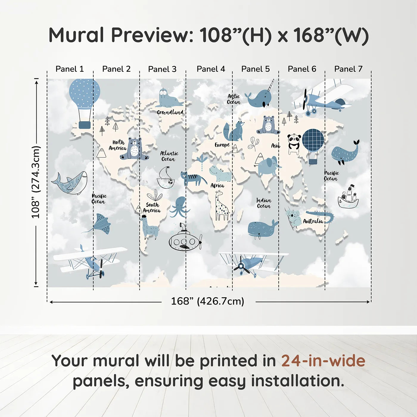 Whimsy Tots Blue Animal World Map Wall Muraldimension view (108" H x 168" W). Printed in seven 24-inch-wide panels. Gender-Neutral