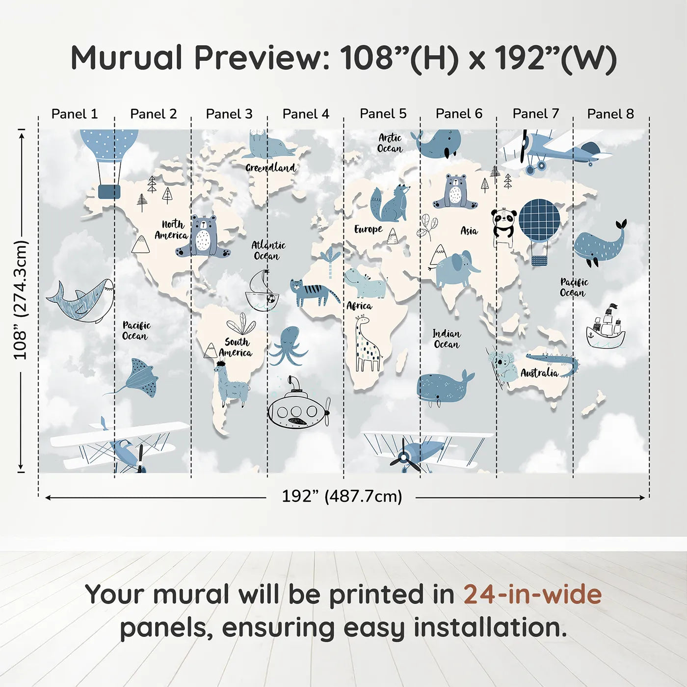Whimsy Tots Blue Animal World Map Wall Muraldimension view (108" H x 192" W). Printed in eight 24-inch-wide panels. Gender-Neutral