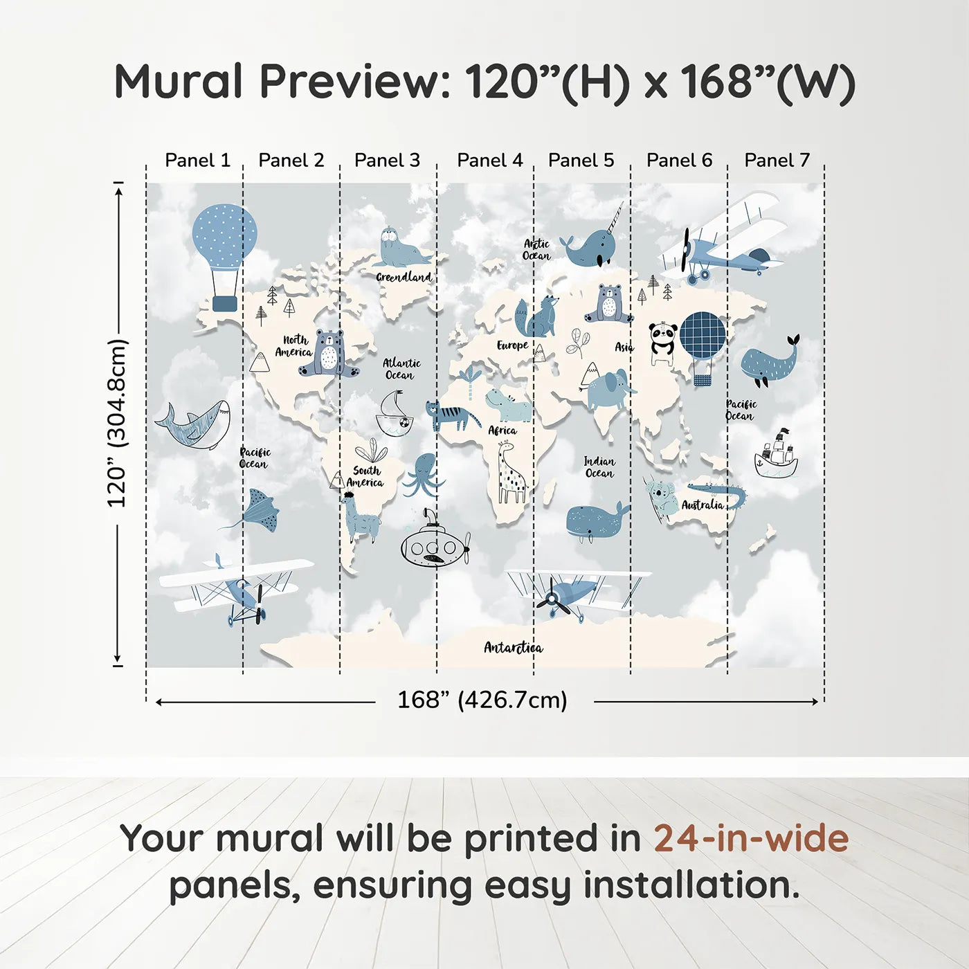 Whimsy Tots Blue Animal World Map Wall Muraldimension view (120" H x 168" W). Printed in seven 24-inch-wide panels. Gender-Neutral