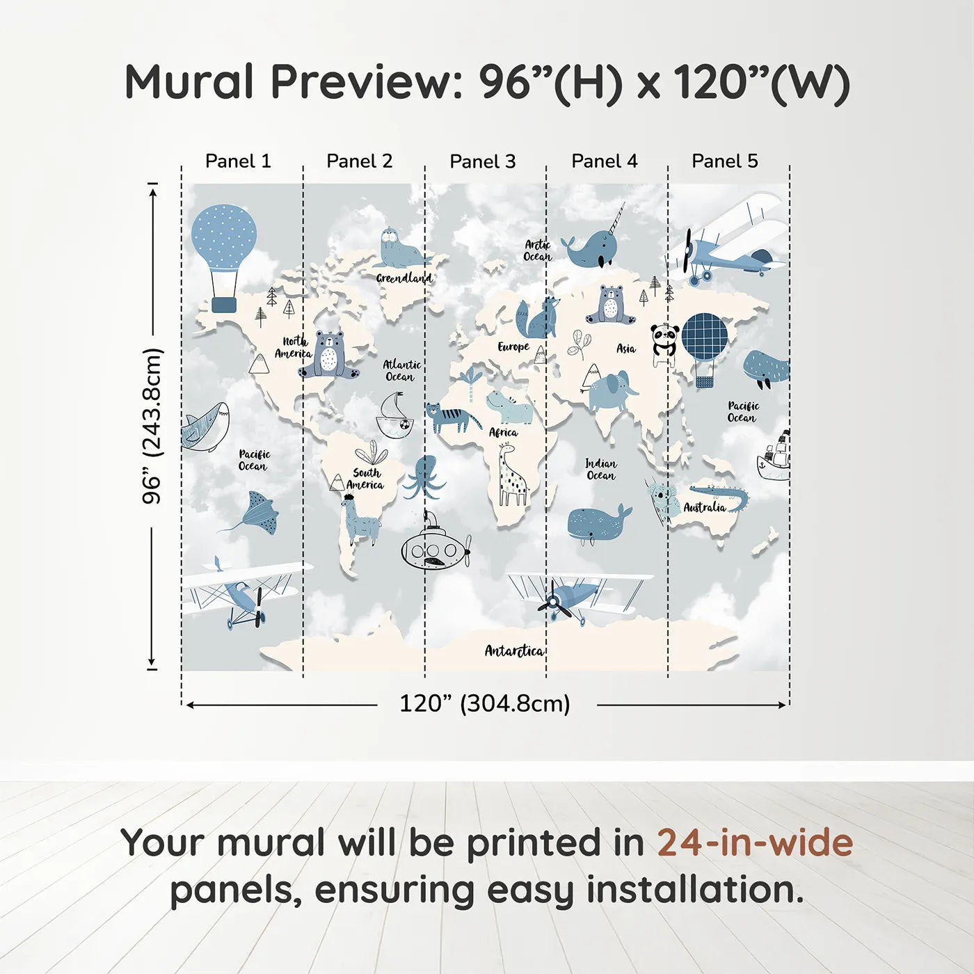 Whimsy Tots Blue Animal World Map Wall Muraldimension view (96" H x 120" W). Printed in five 24-inch-wide panels. Gender-Neutral