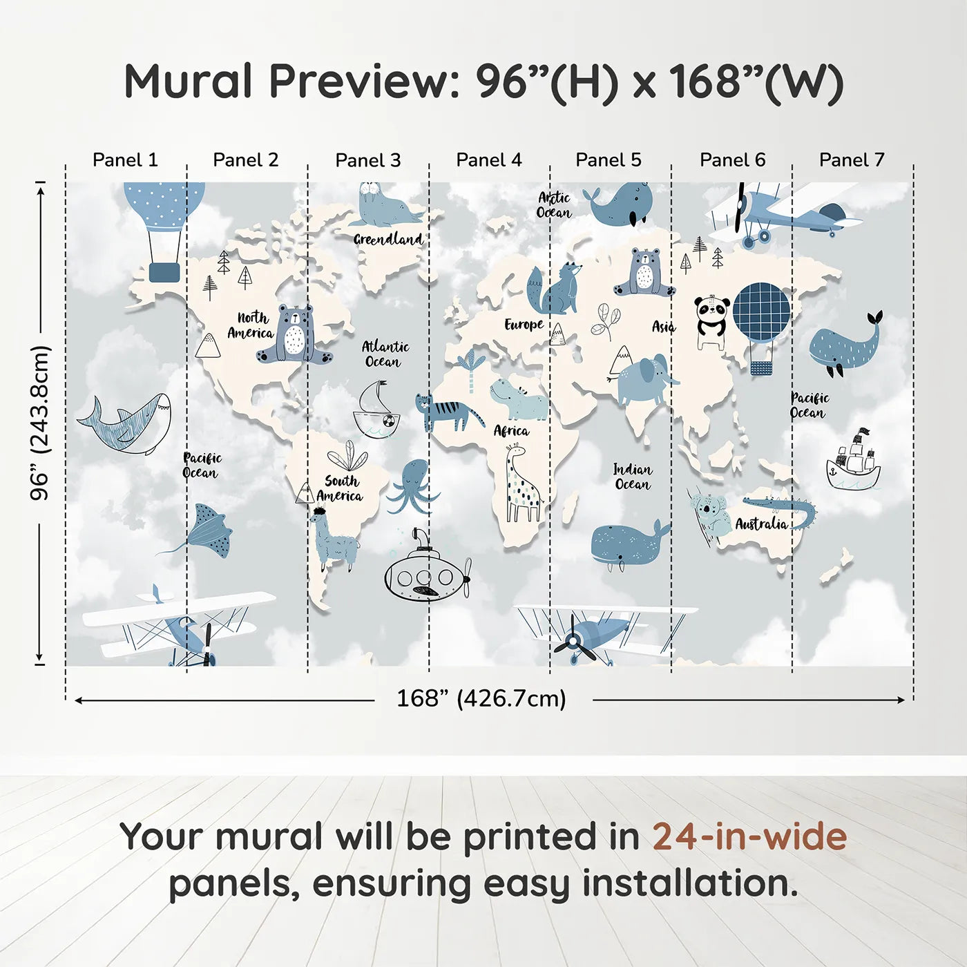 Whimsy Tots Blue Animal World Map Wall Muraldimension view (96" H x 168" W). Printed in seven 24-inch-wide panels. Gender-Neutral