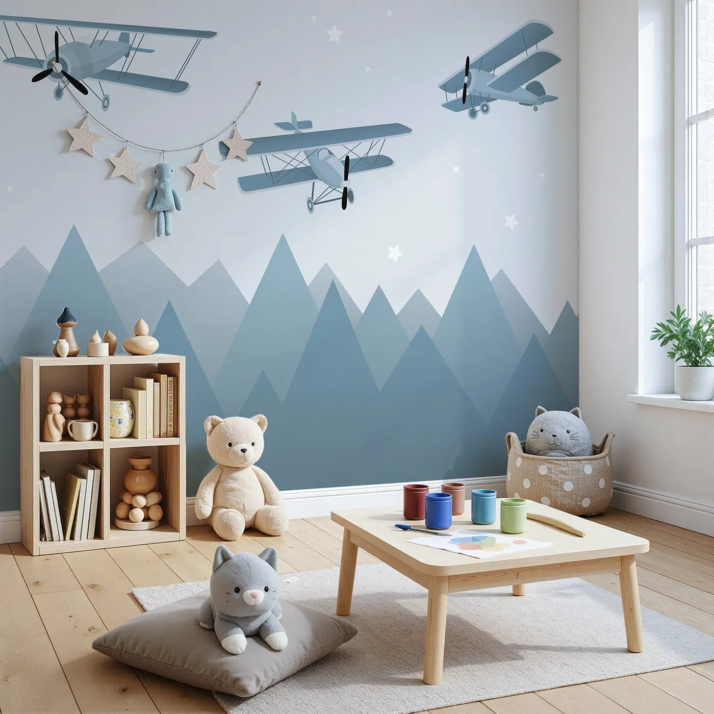 Angled view of Whimsy Tots' Vintage Biplanes Over Mountains Wall Mural (Turn Their Room into a Nostalgic Night Flight).Gender-Neutral