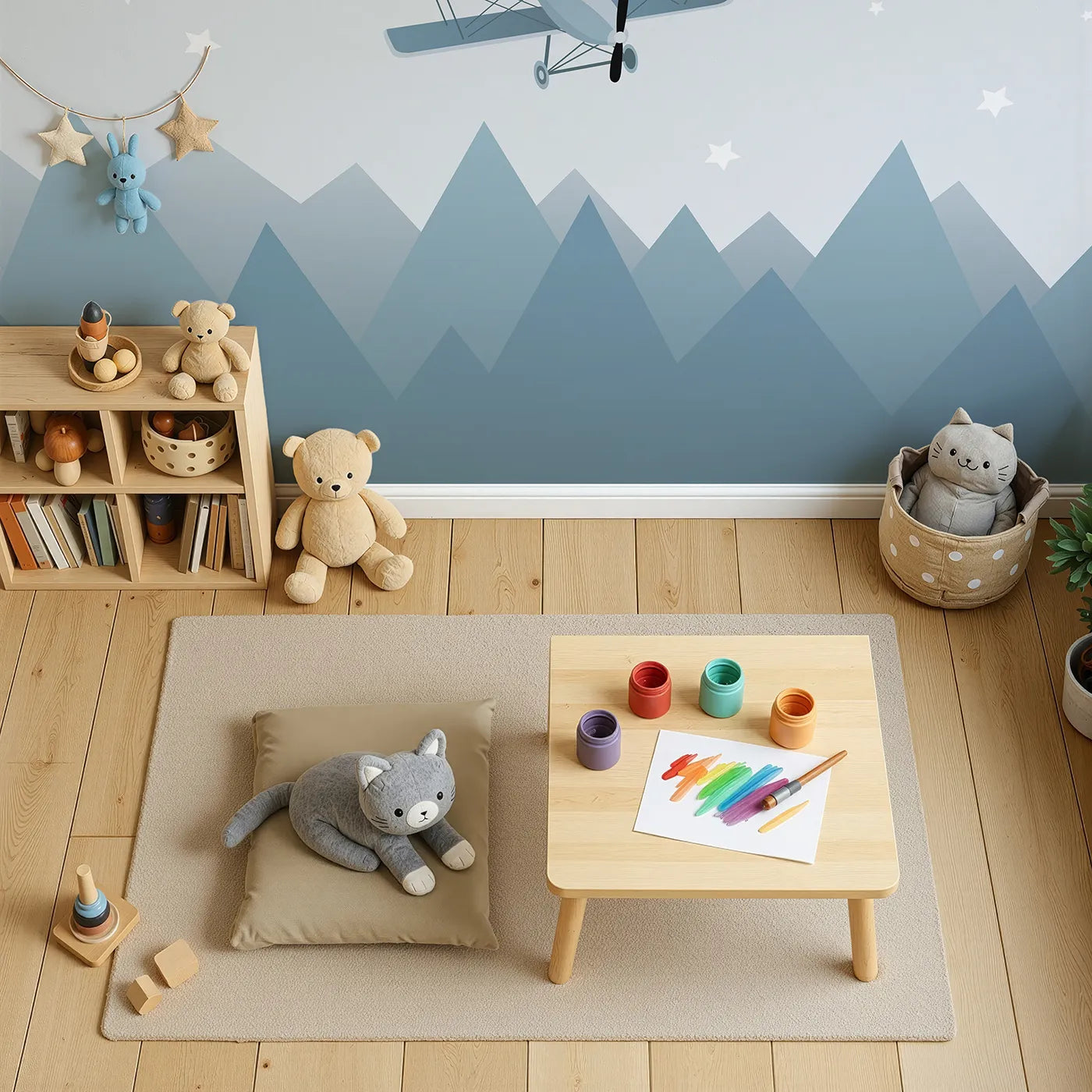 Top-down view of Whimsy Tots' Vintage Biplanes Over Mountains Wall Mural (Turn Their Room into a Nostalgic Night Flight).Gender-Neutral
