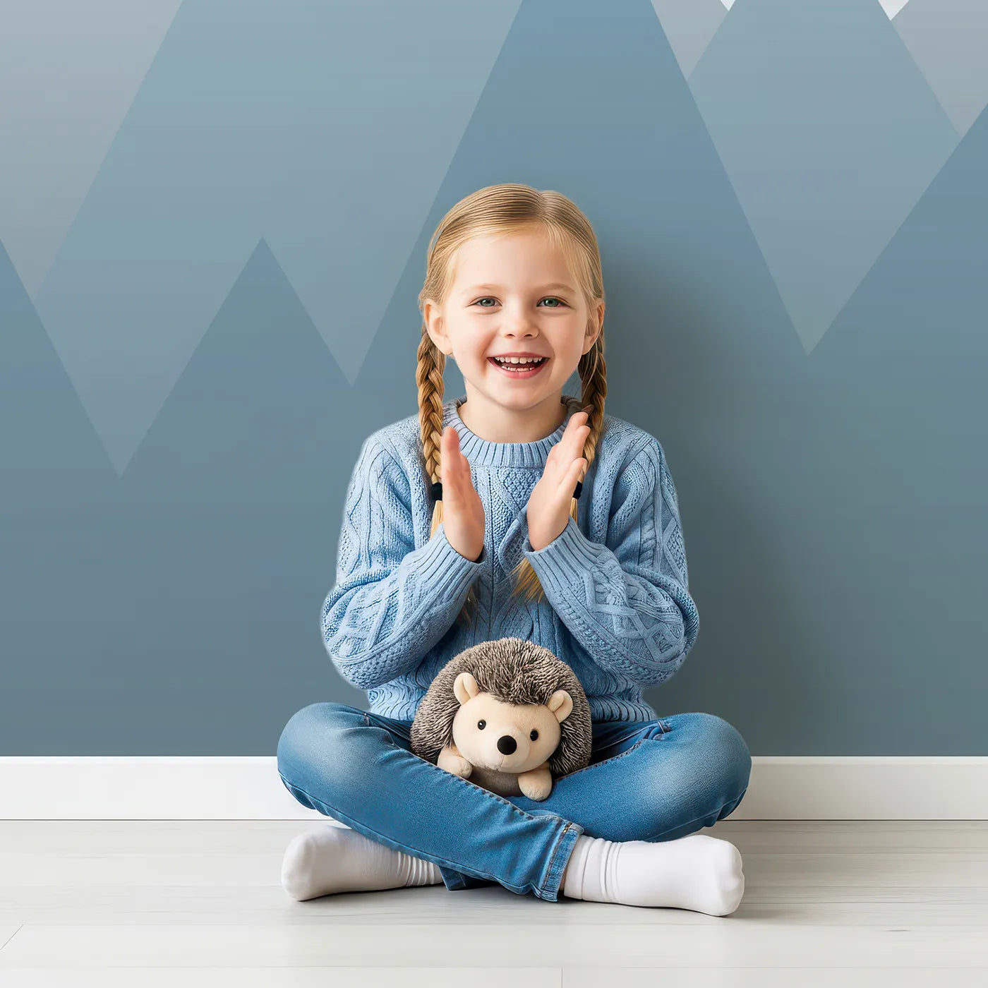Child in front of Whimsy Tots Vintage Biplanes Over Mountains Wall Mural with airplane, biplane, vintage, mountain, star, night, plane, retro in design.